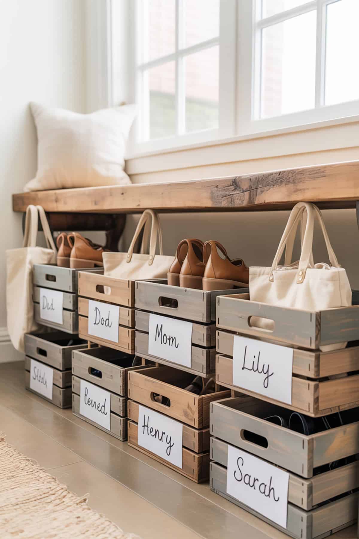 Entryway Shoe and Bag Storage With Labeled Crates