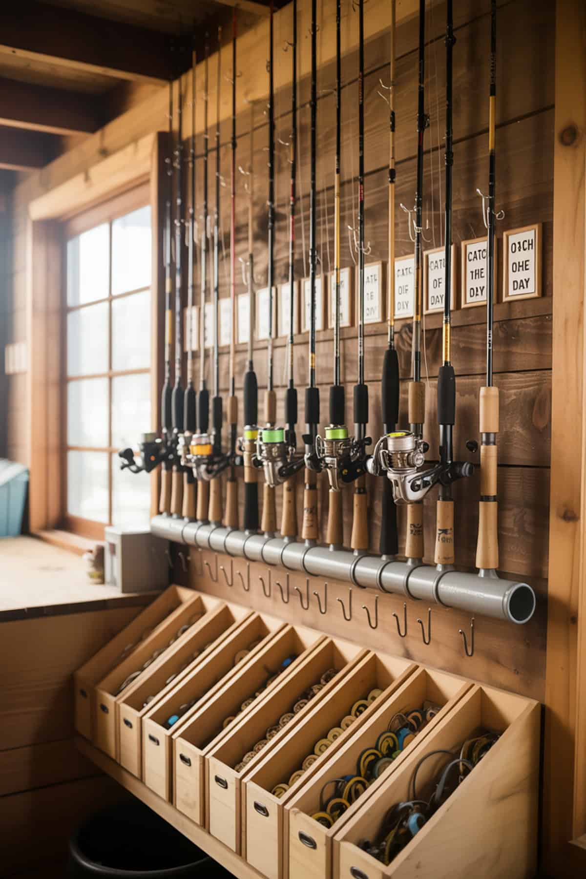 Fishing Gear Organizer Wall in the shed