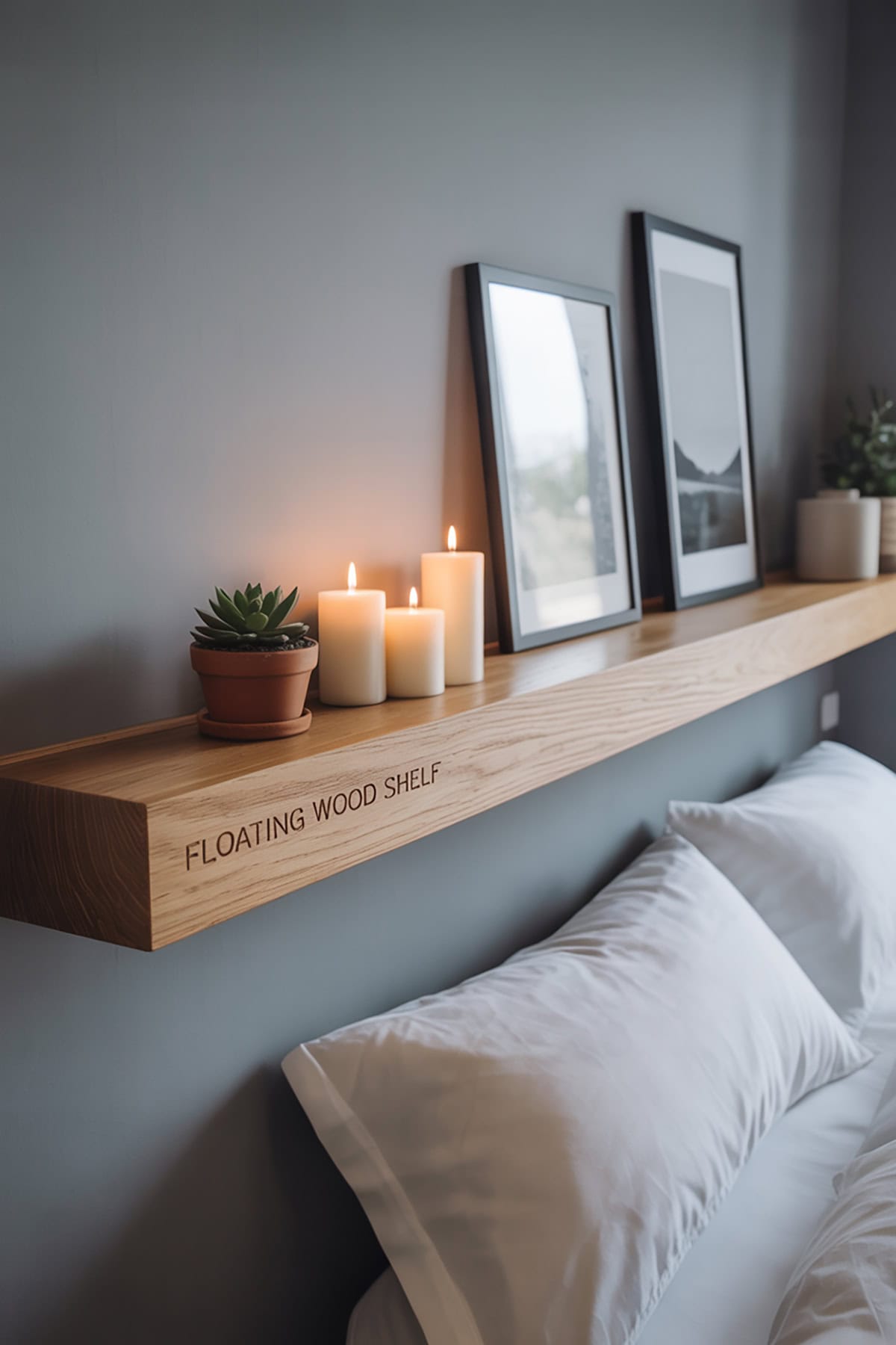 Floating Wood Shelf Above the Bed