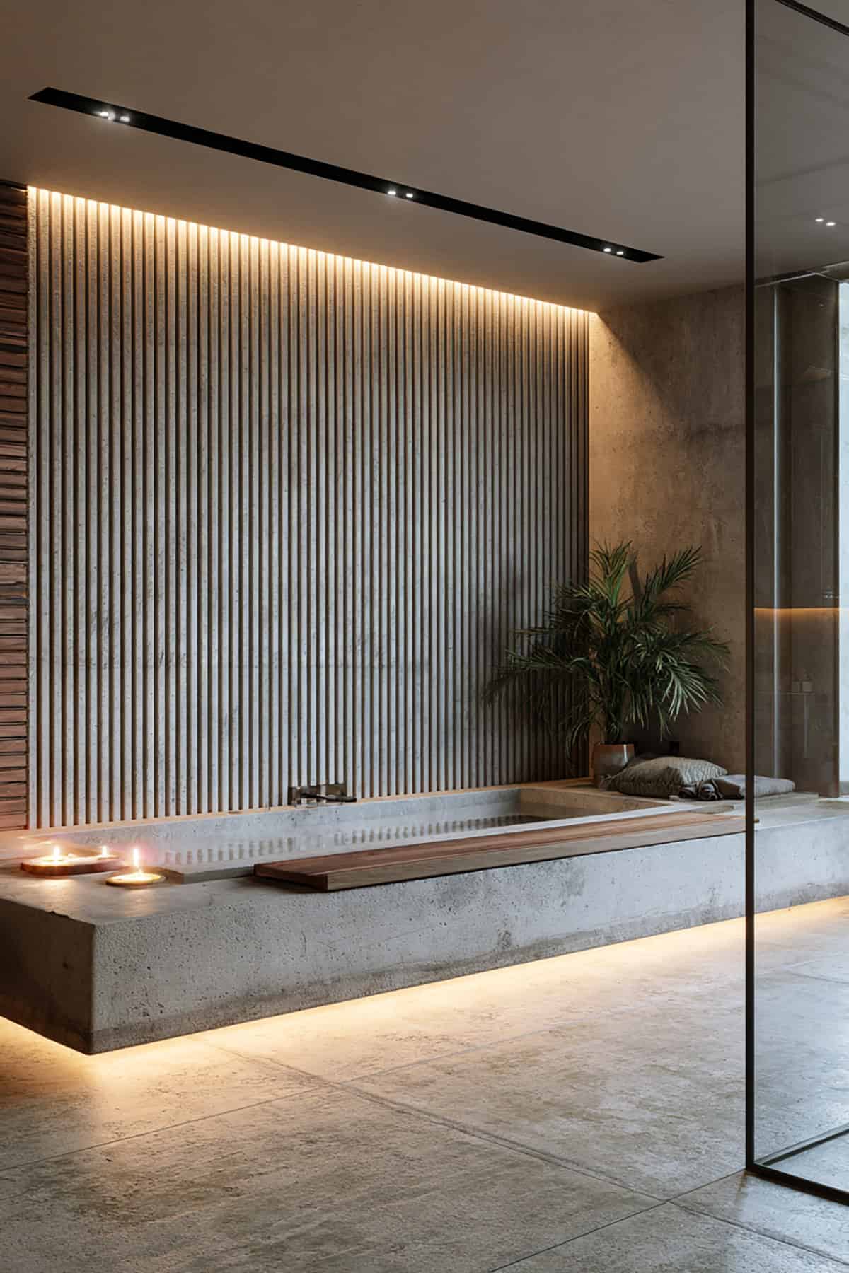 Fluted Concrete Wall With Built In Bench