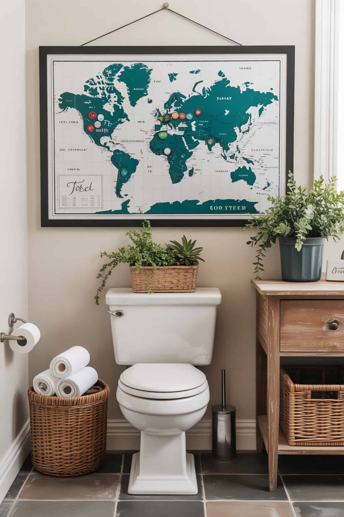 Framed World Map Over Toilet