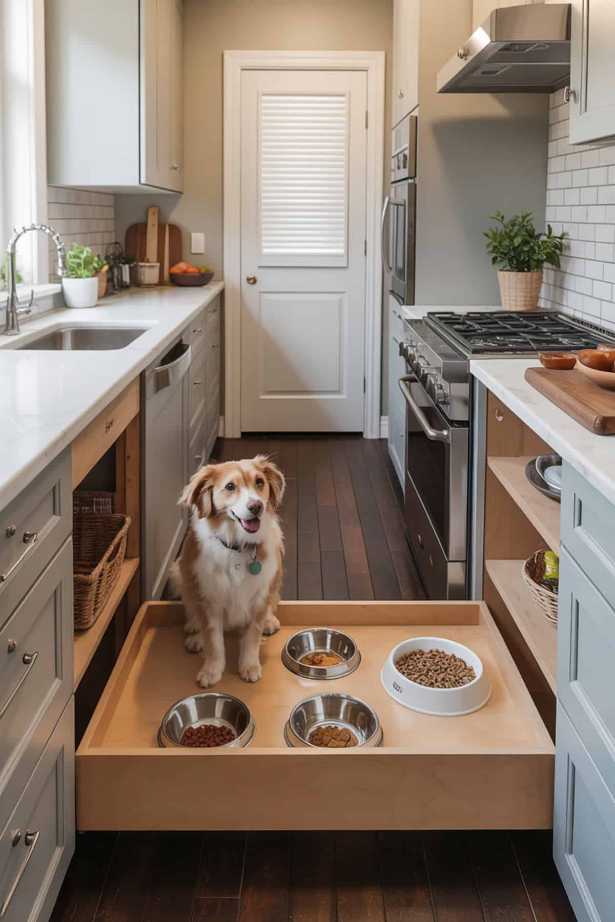Galley Kitchen With an Integrated Pet Feeding Drawer