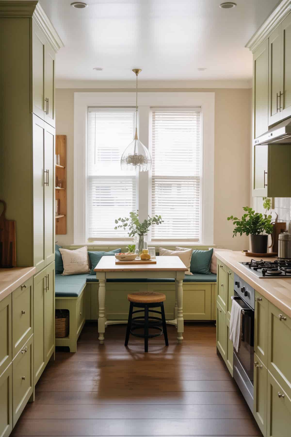 Galley Kitchen with Built In Banquette Dining Area