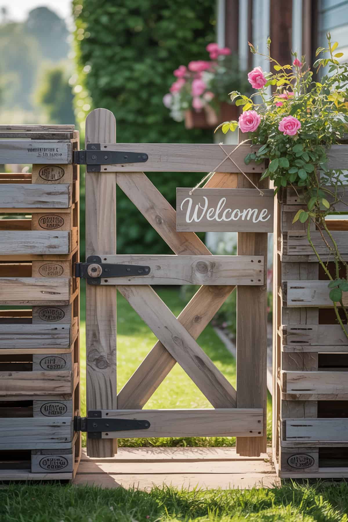 Garden Gate with Pallet Fence and Welcome Sign