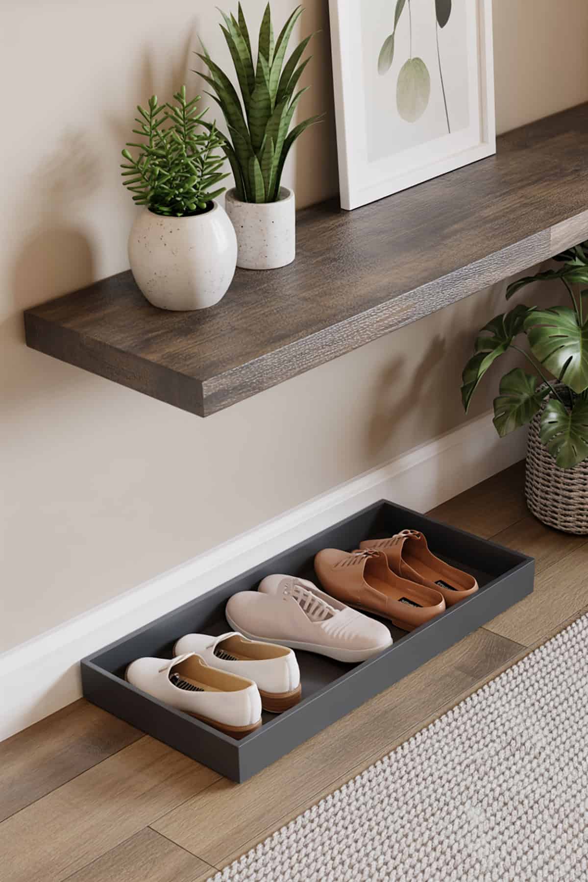 Hidden Shoe Tray Under a Floating Shelf