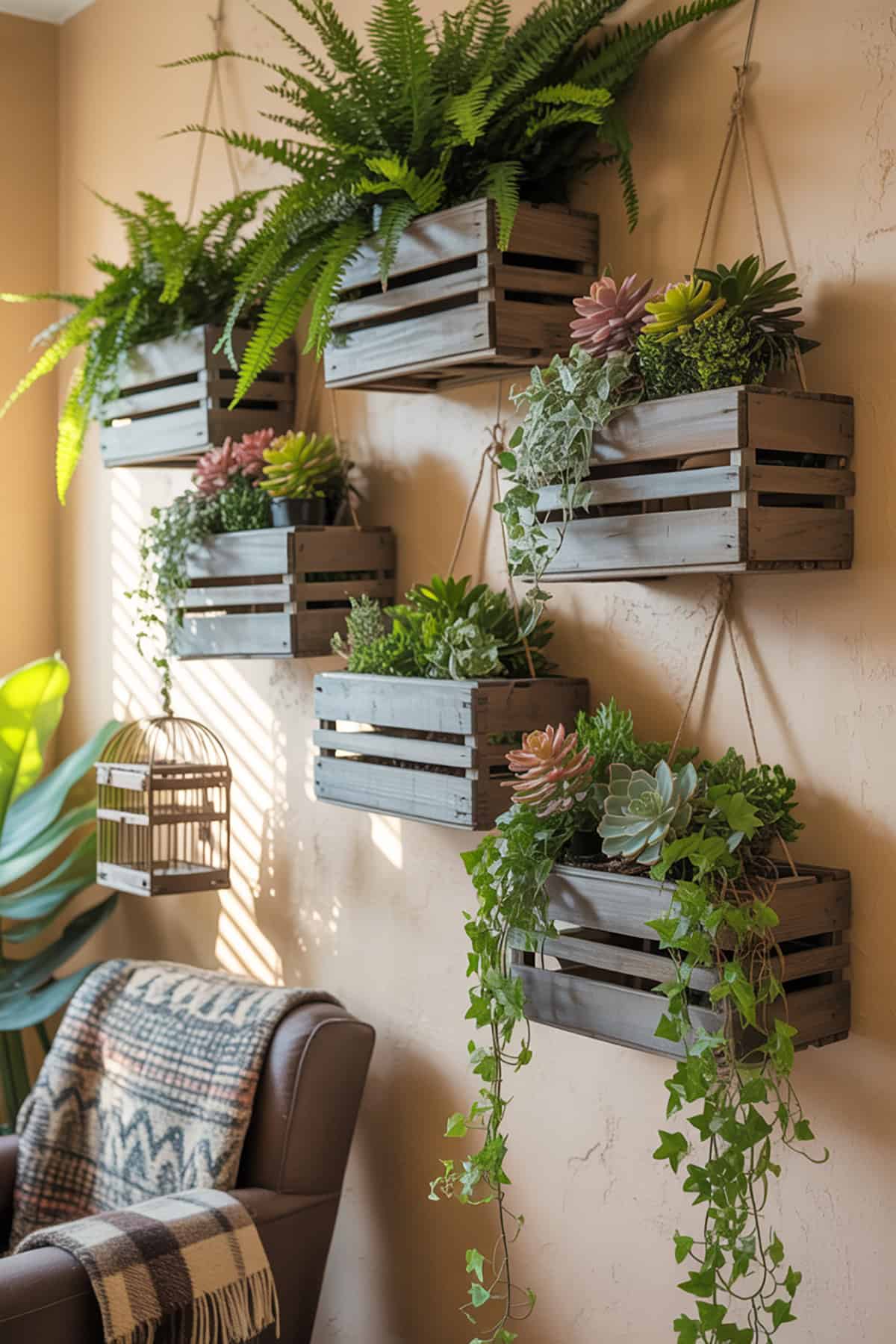 Indoor Plant Wall With Hanging Crates