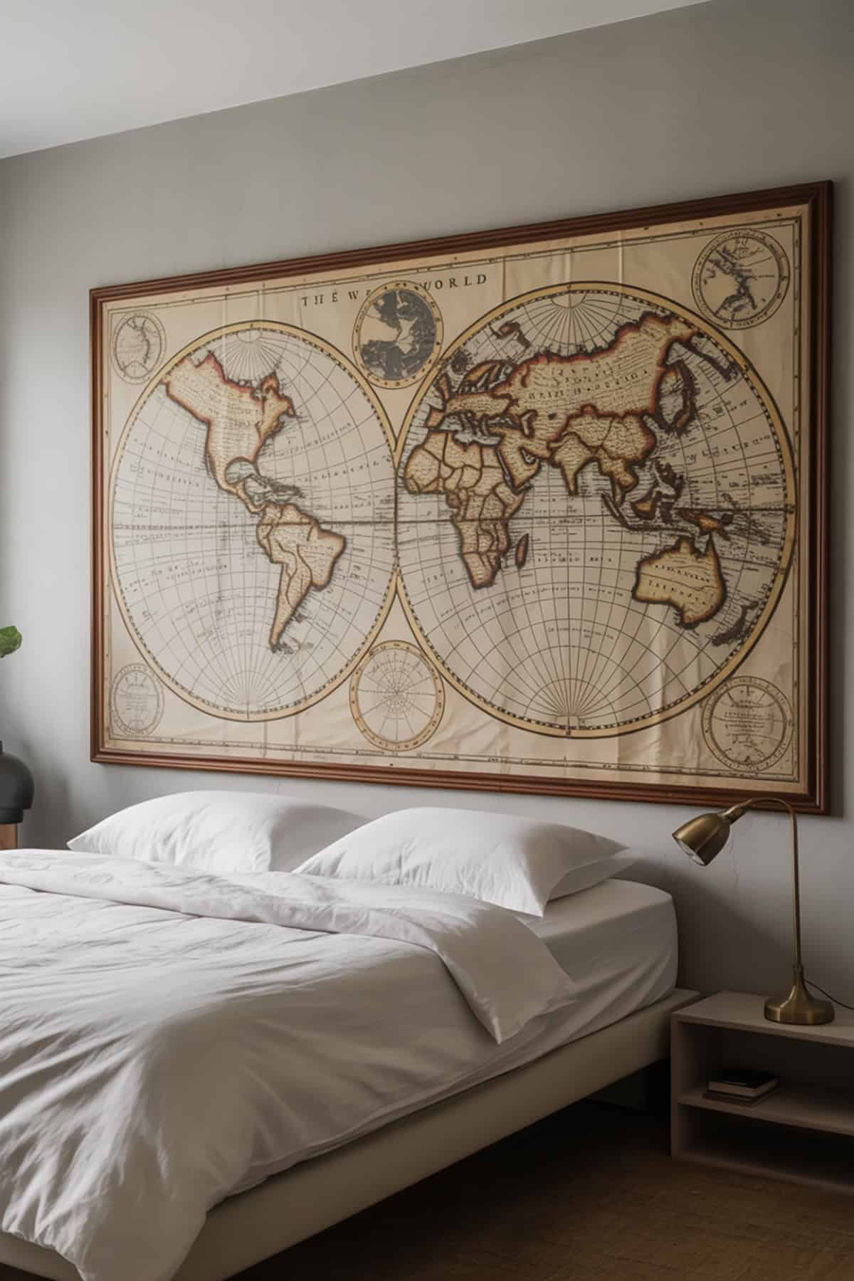 Large Wall Map as a No Headboard Focal Point