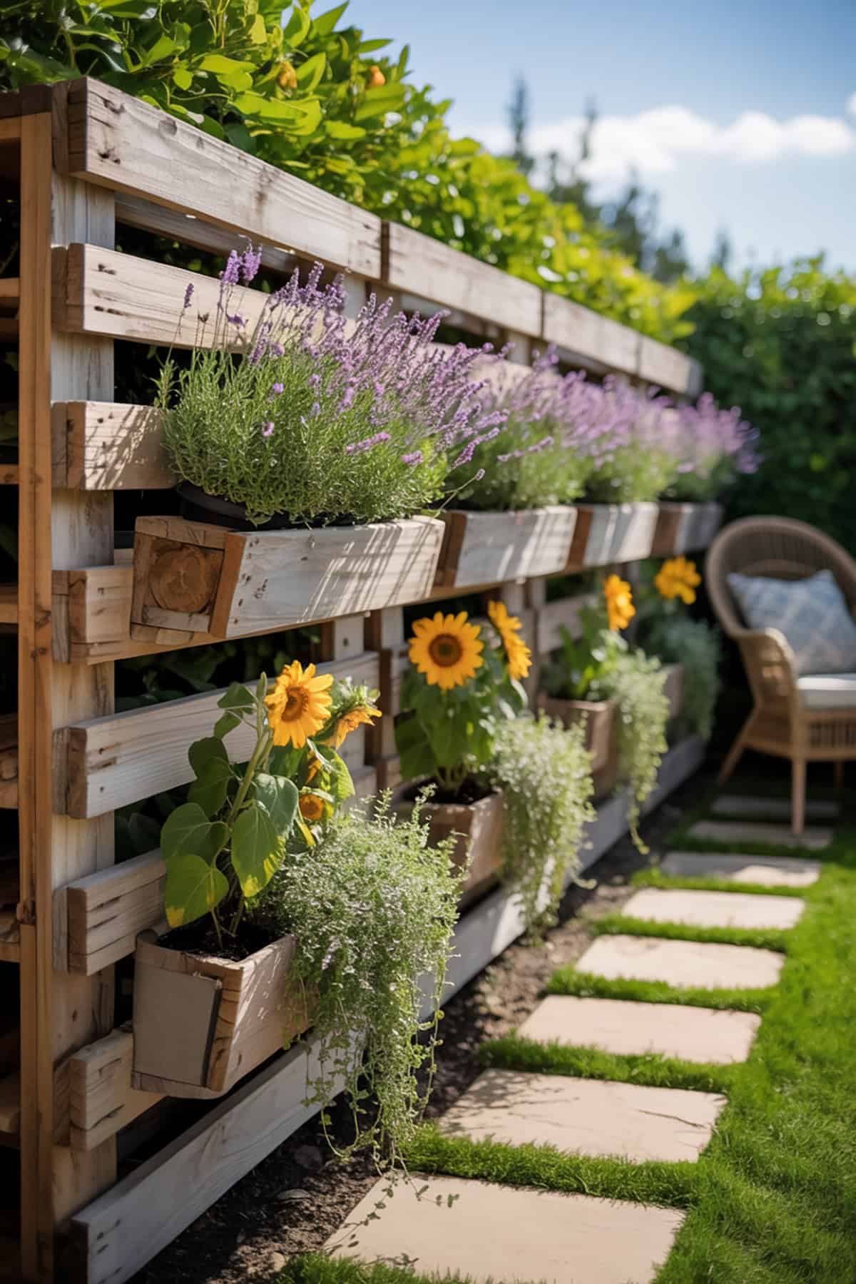 Living Garden Pallet Fence with Tiered Flower Boxes