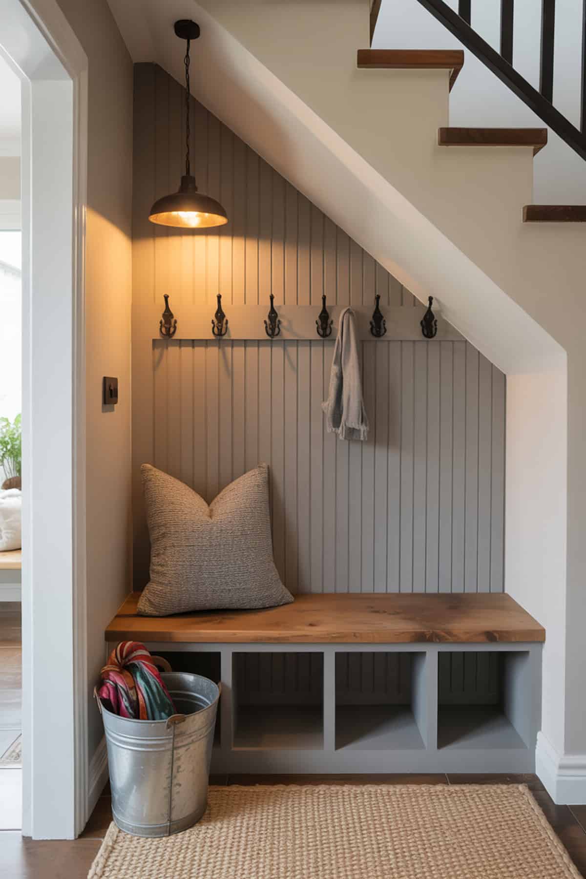 Mini Mudroom Under Stairs