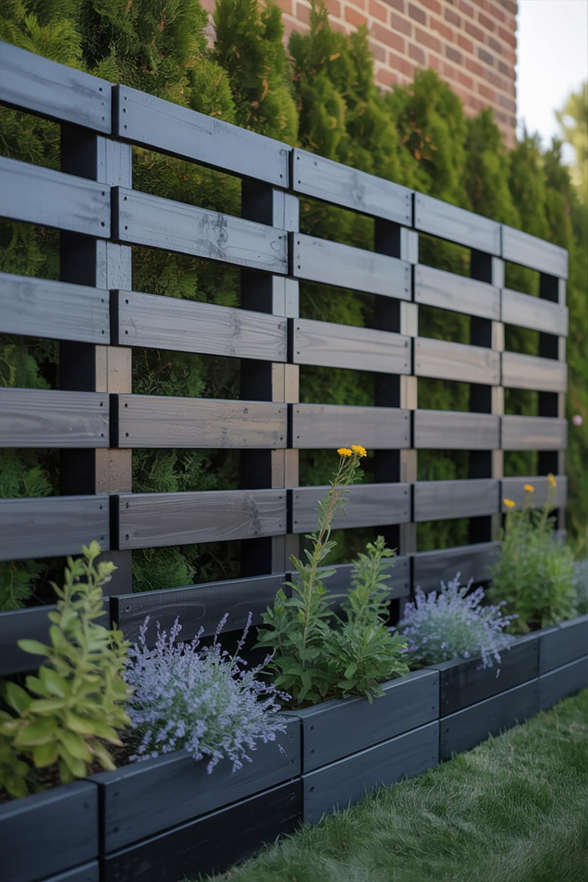 Modern Black Pallet Fence with Coordinated Planters