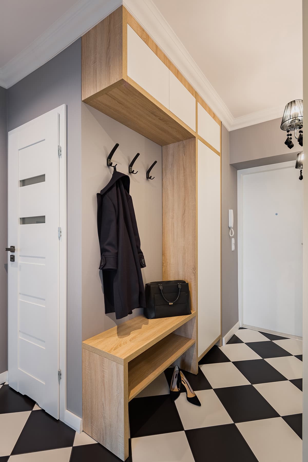 Modern Mudroom with Checkerboard Flooring