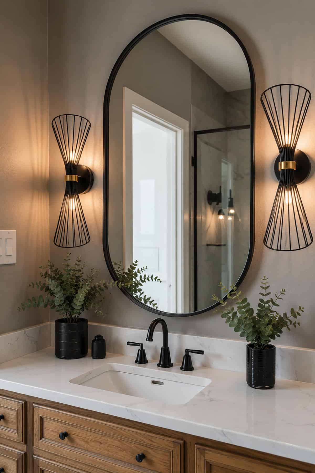 Modern Wall Sconces Flanking the Mirror
