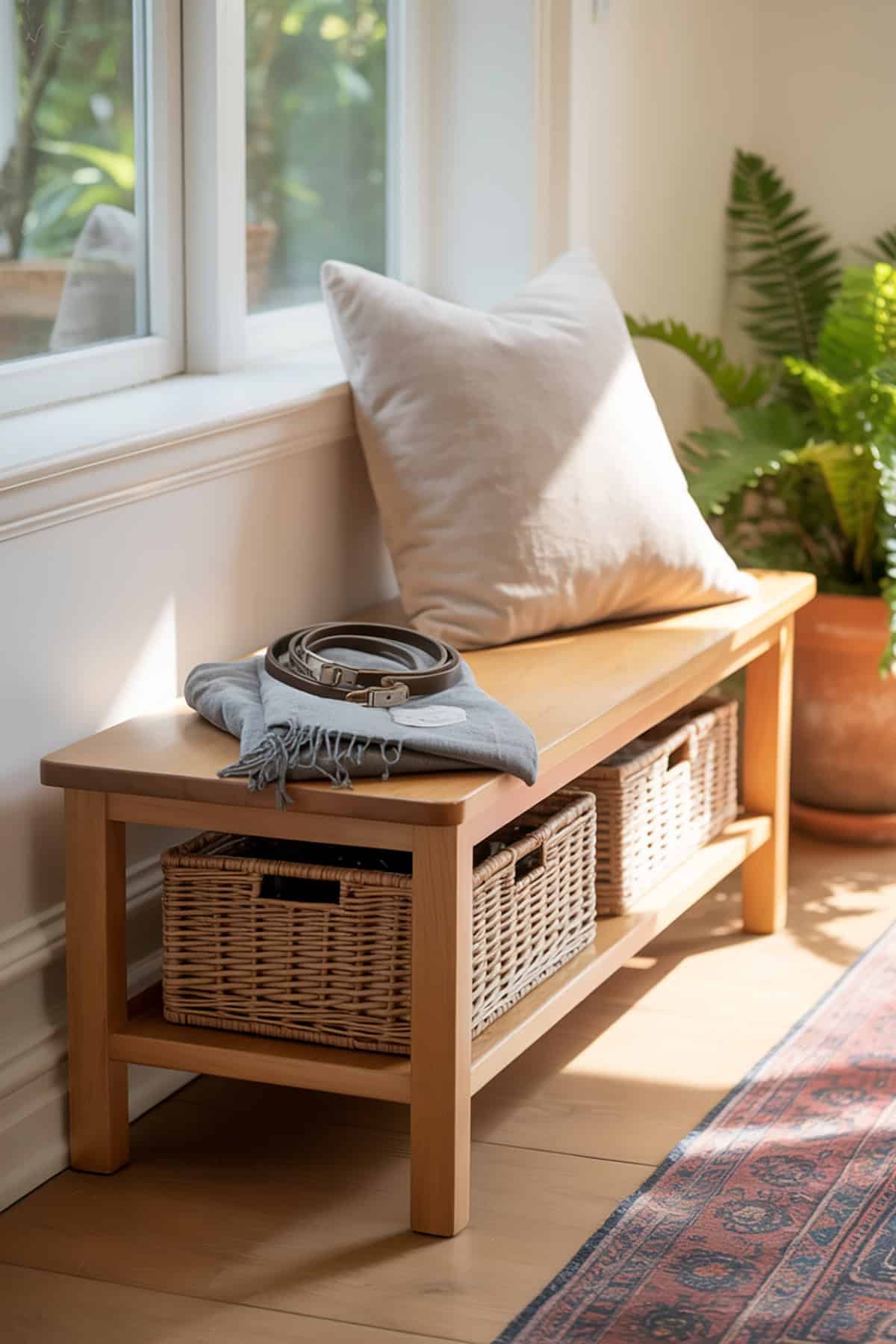 Narrow Bench With Storage Baskets