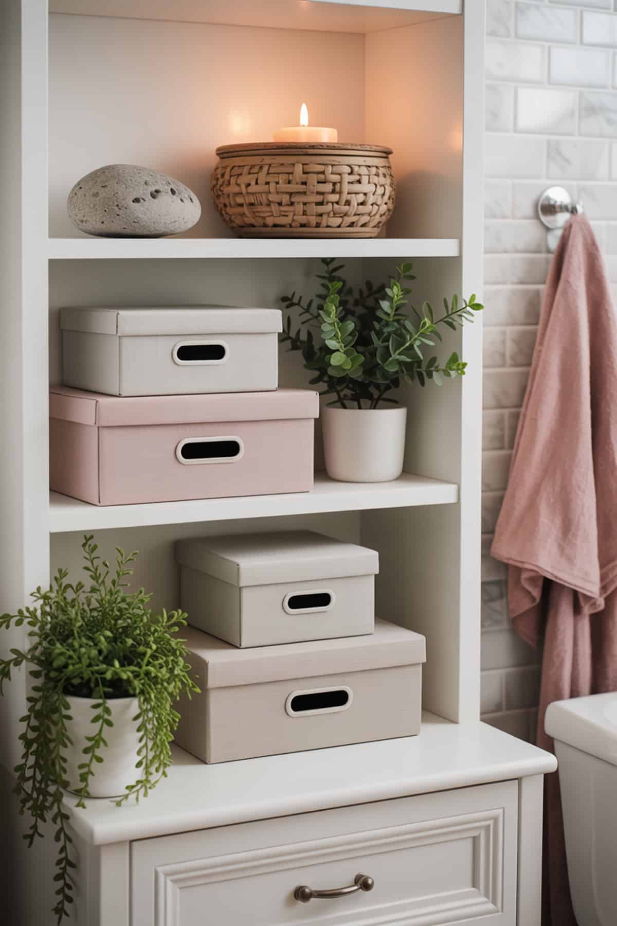 Open Bathroom Shelf with Stacked Storage Boxes