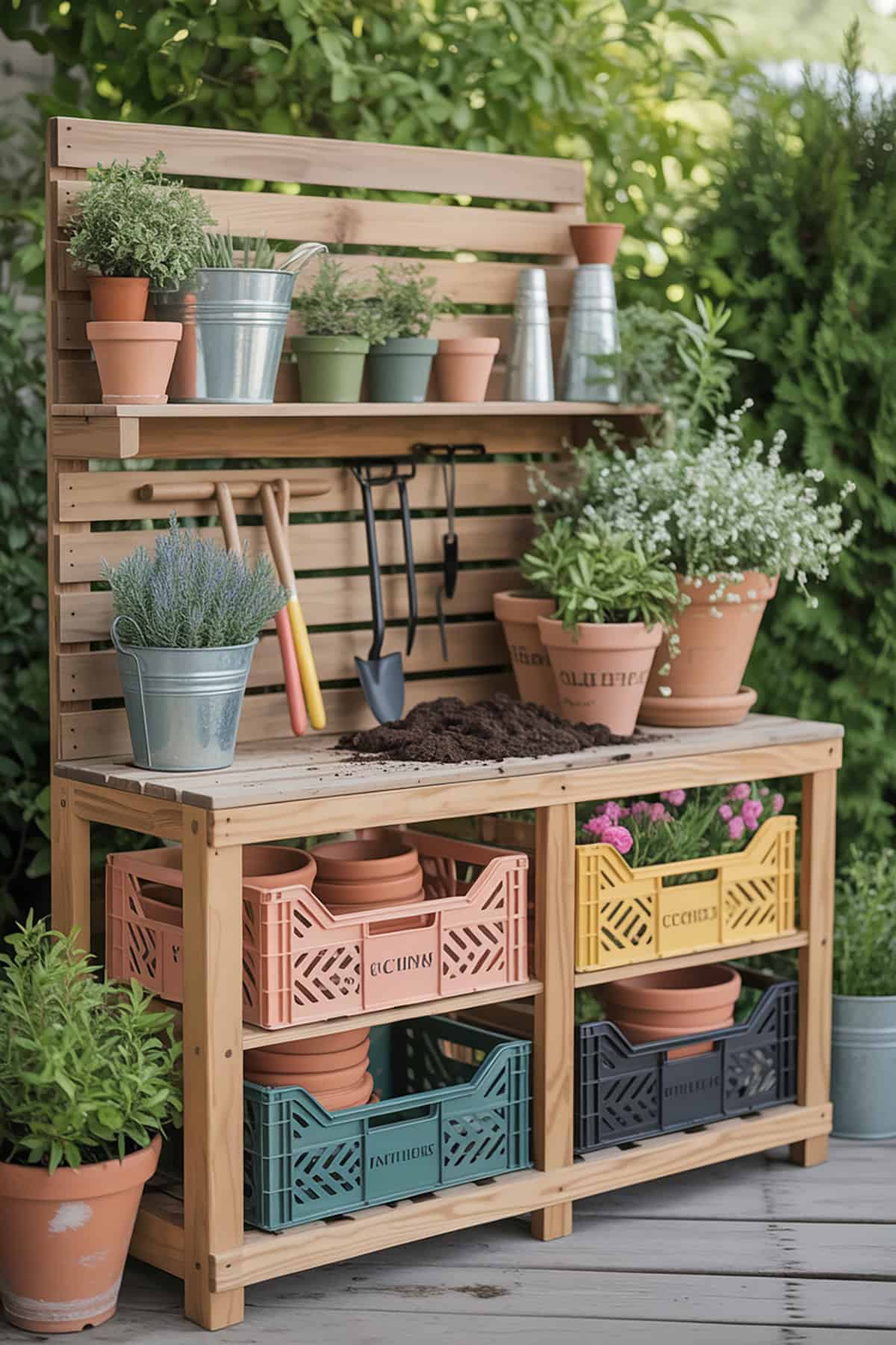 Outdoor Potting Bench With Crate Shelves