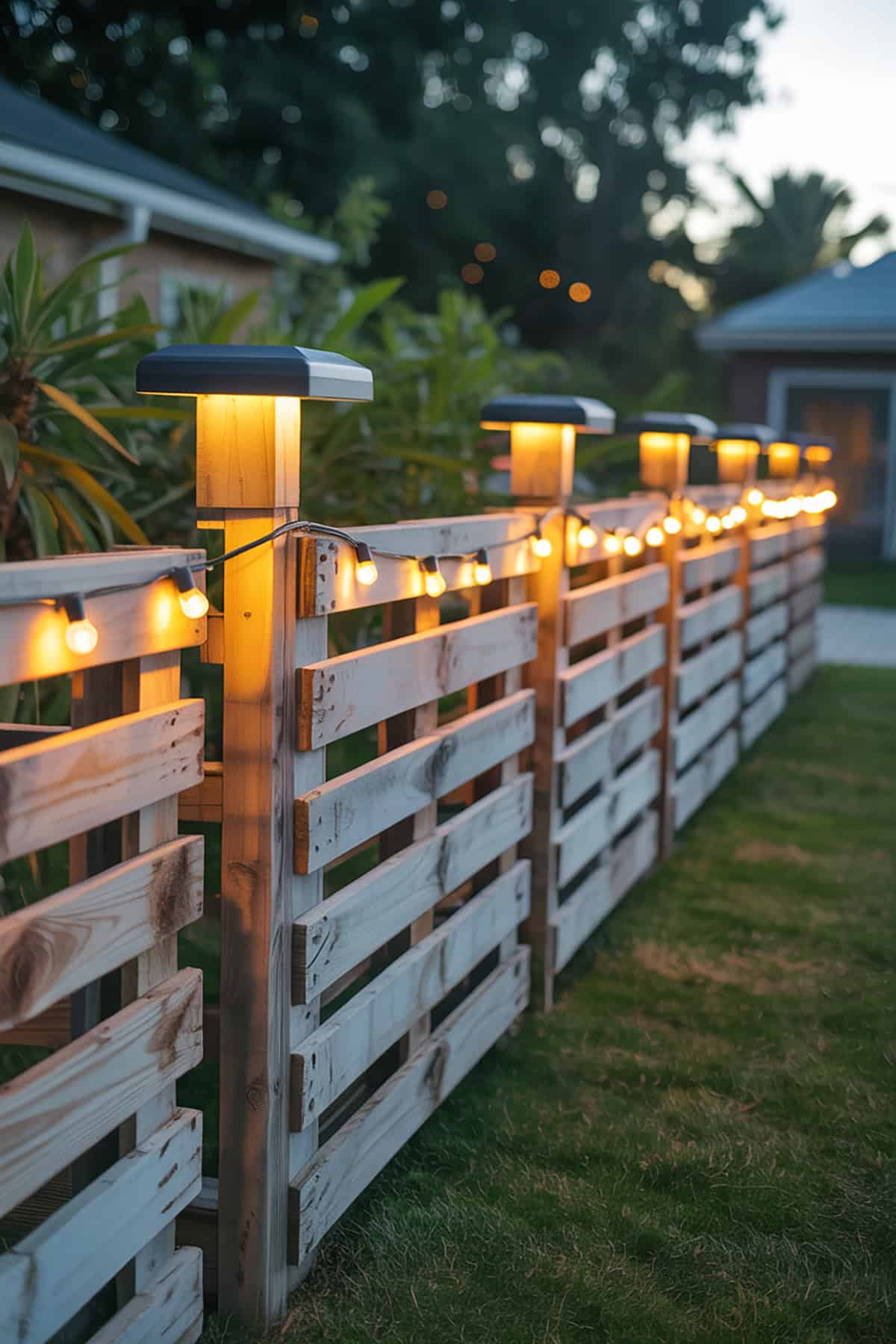 Pallet Fence With Solar Light Caps