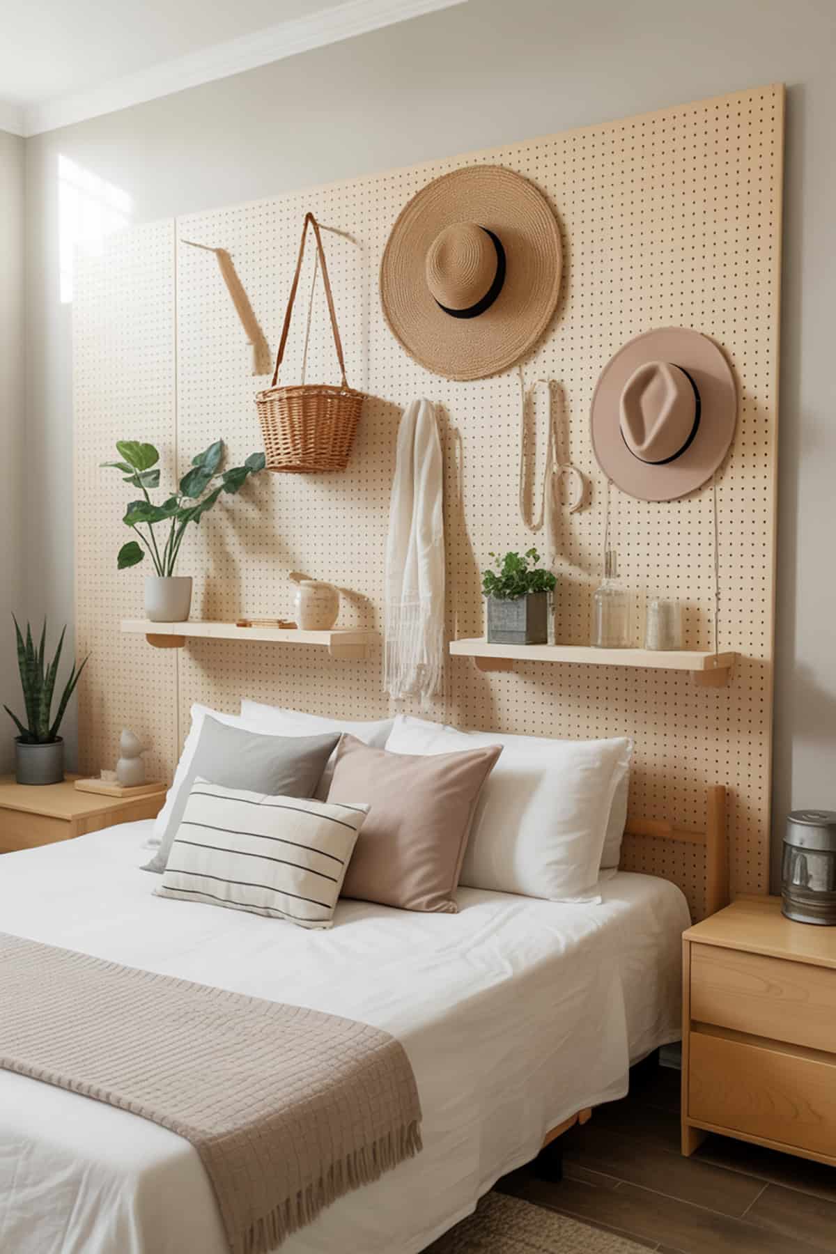 Pegboard With Hanging Decor Above a No Headboard Bed