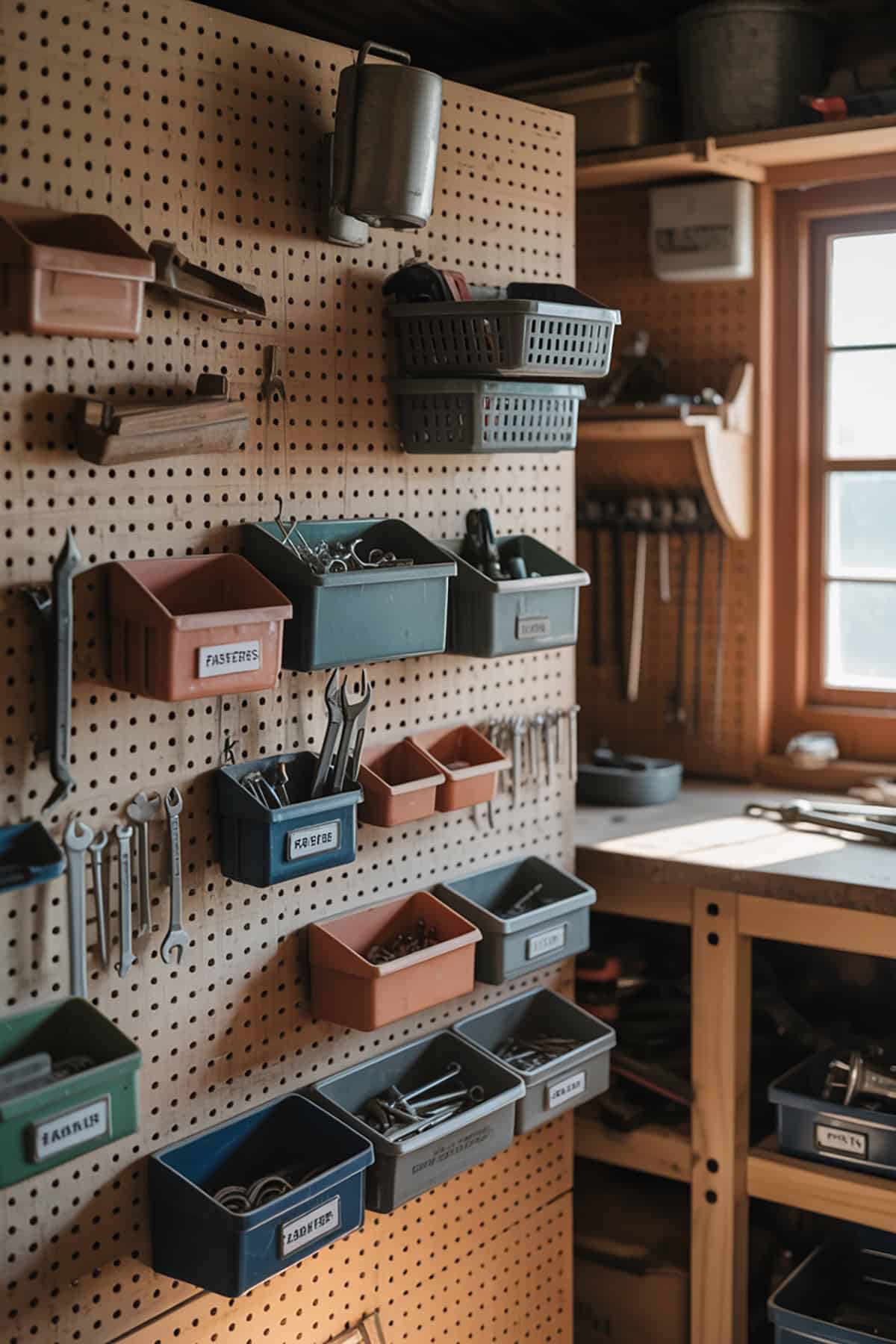 Pegboard With Mounted Bins and Holders