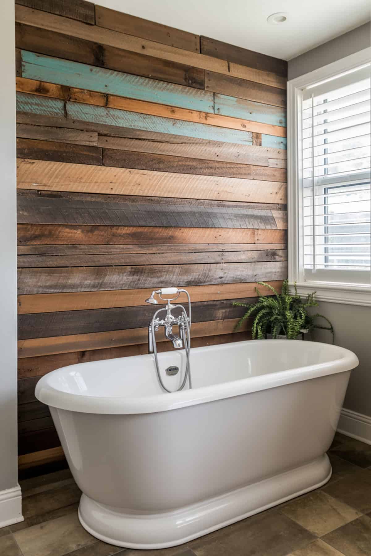 Reclaimed Wood Plank Wall Behind the Tub