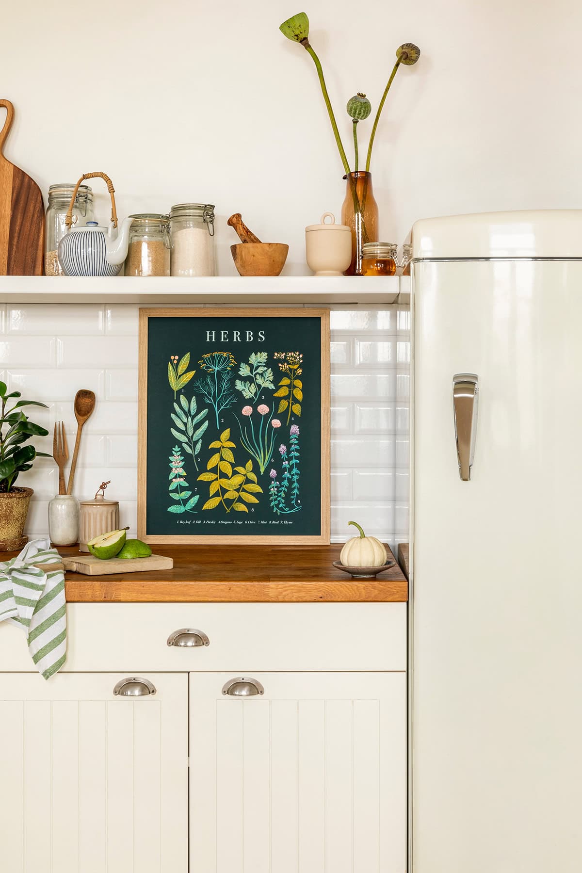 Retro Counter With Herb Art and Vintage Refrigerator