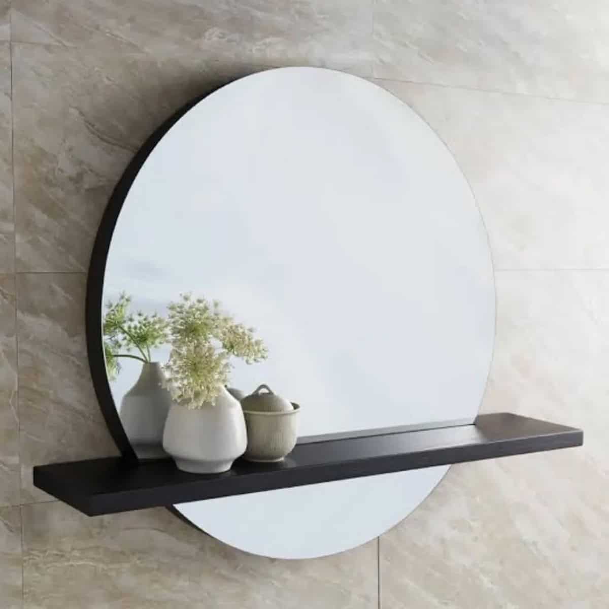 Round Mirror Behind Shelf