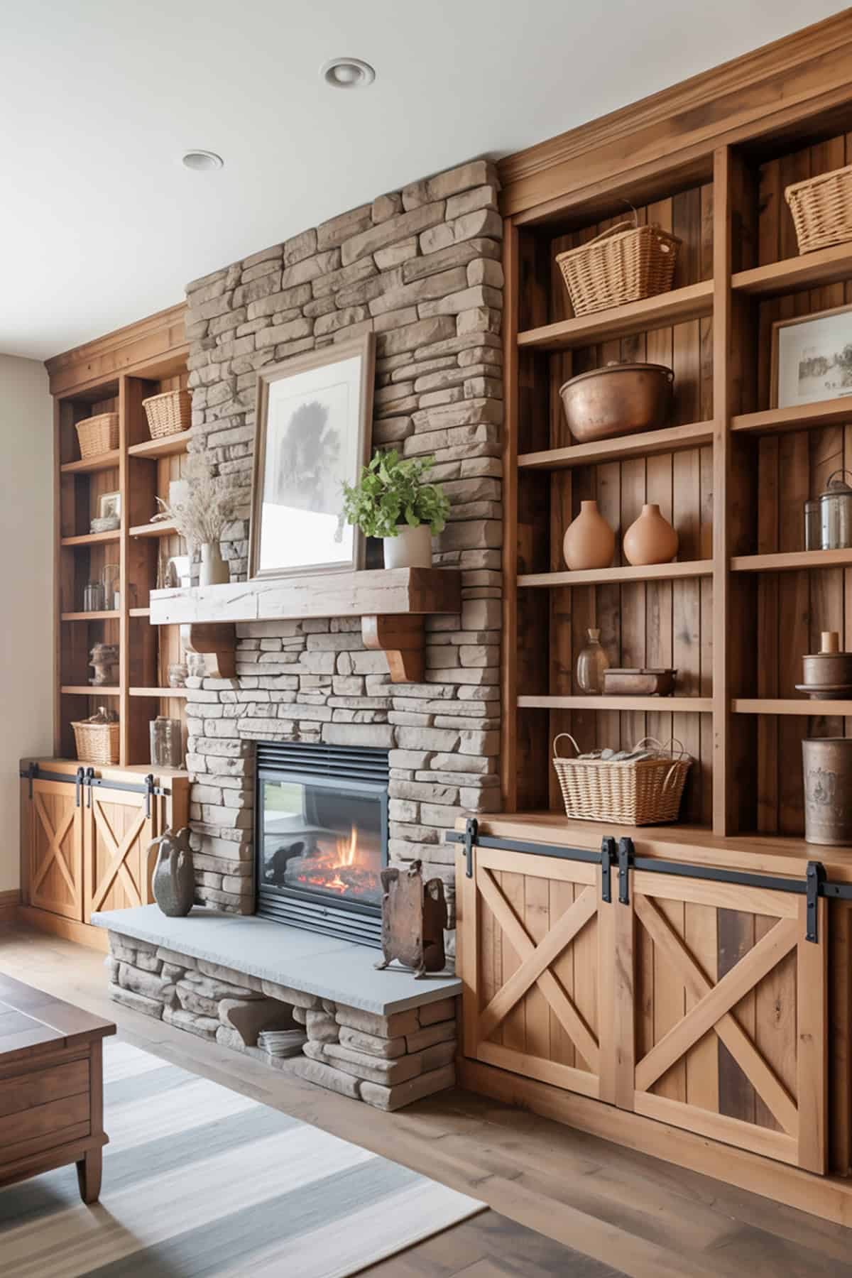 Rustic Wood Built Ins With Stone Fireplace