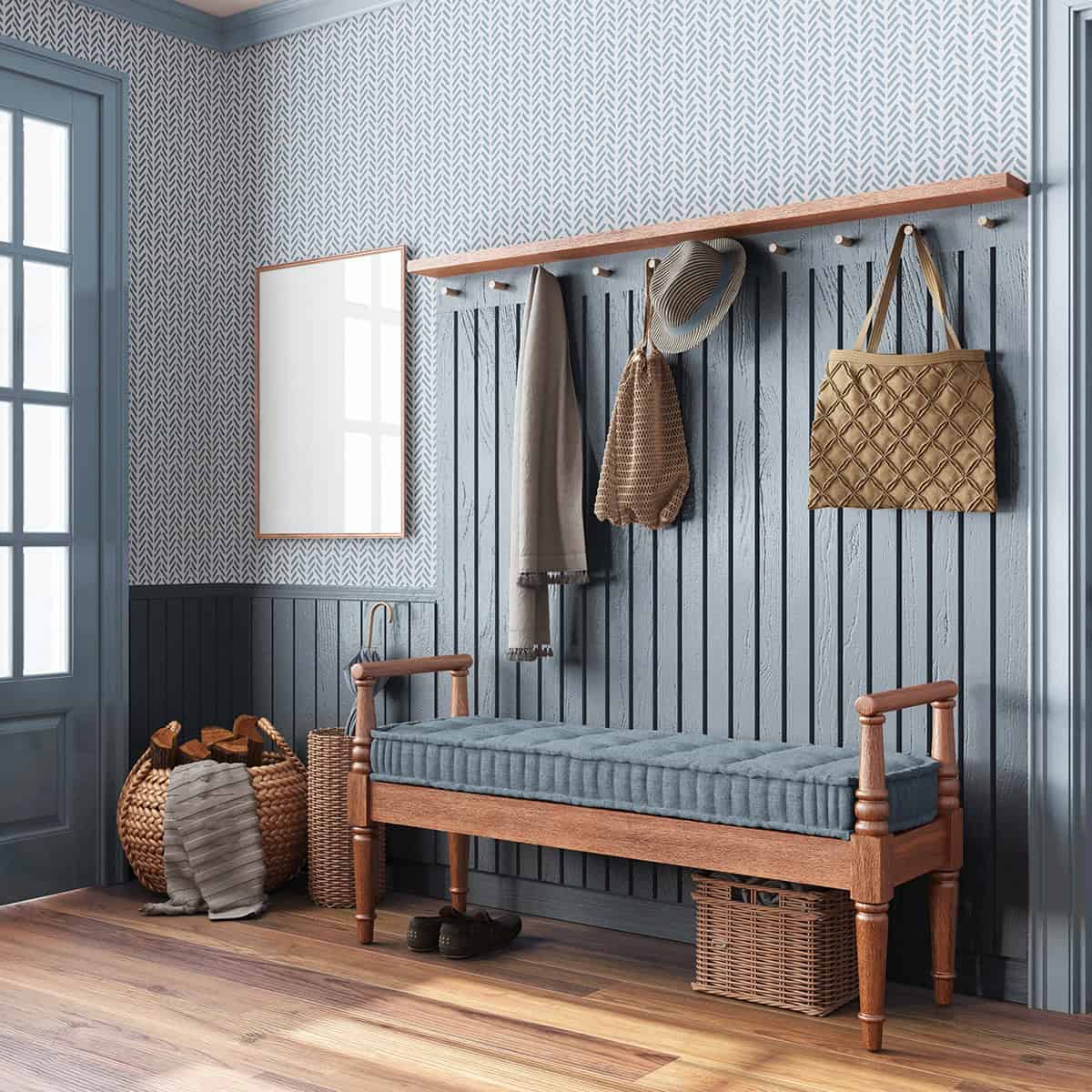 Scandinavian Inspired Mudroom with Blue Accents