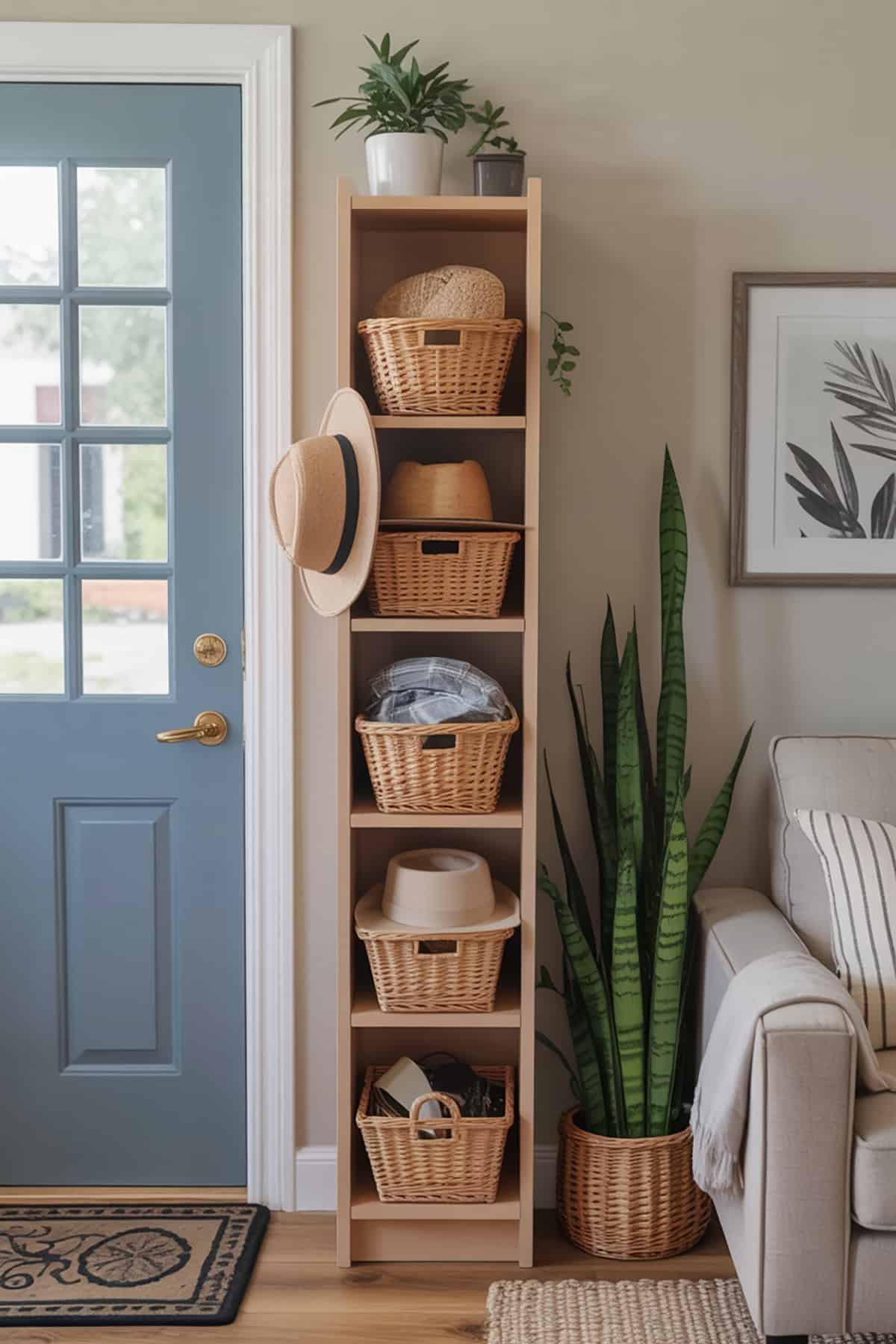 Skinny Bookshelf as Catch All Storage