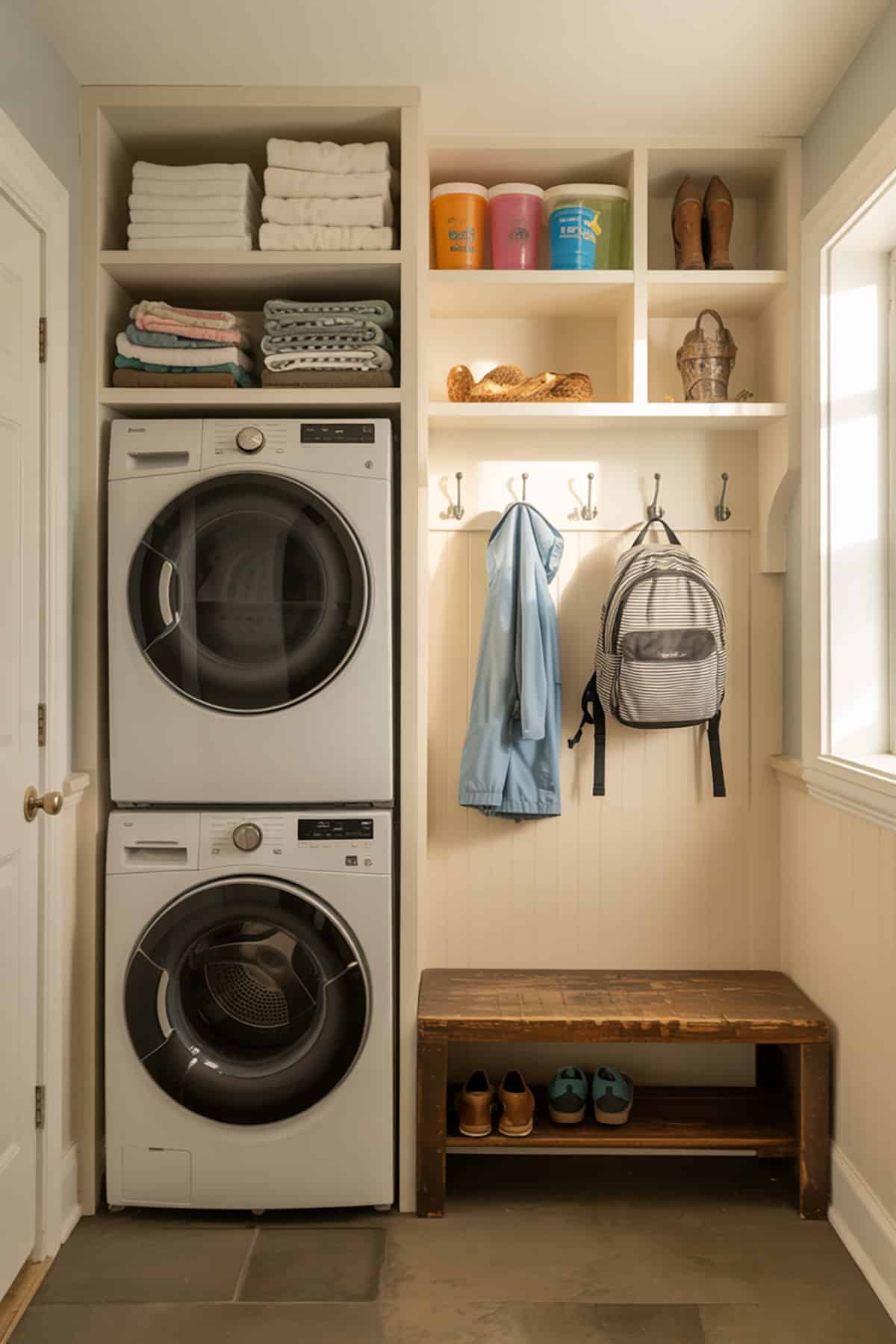 Stacked Laundry in a Mudroom Alcove