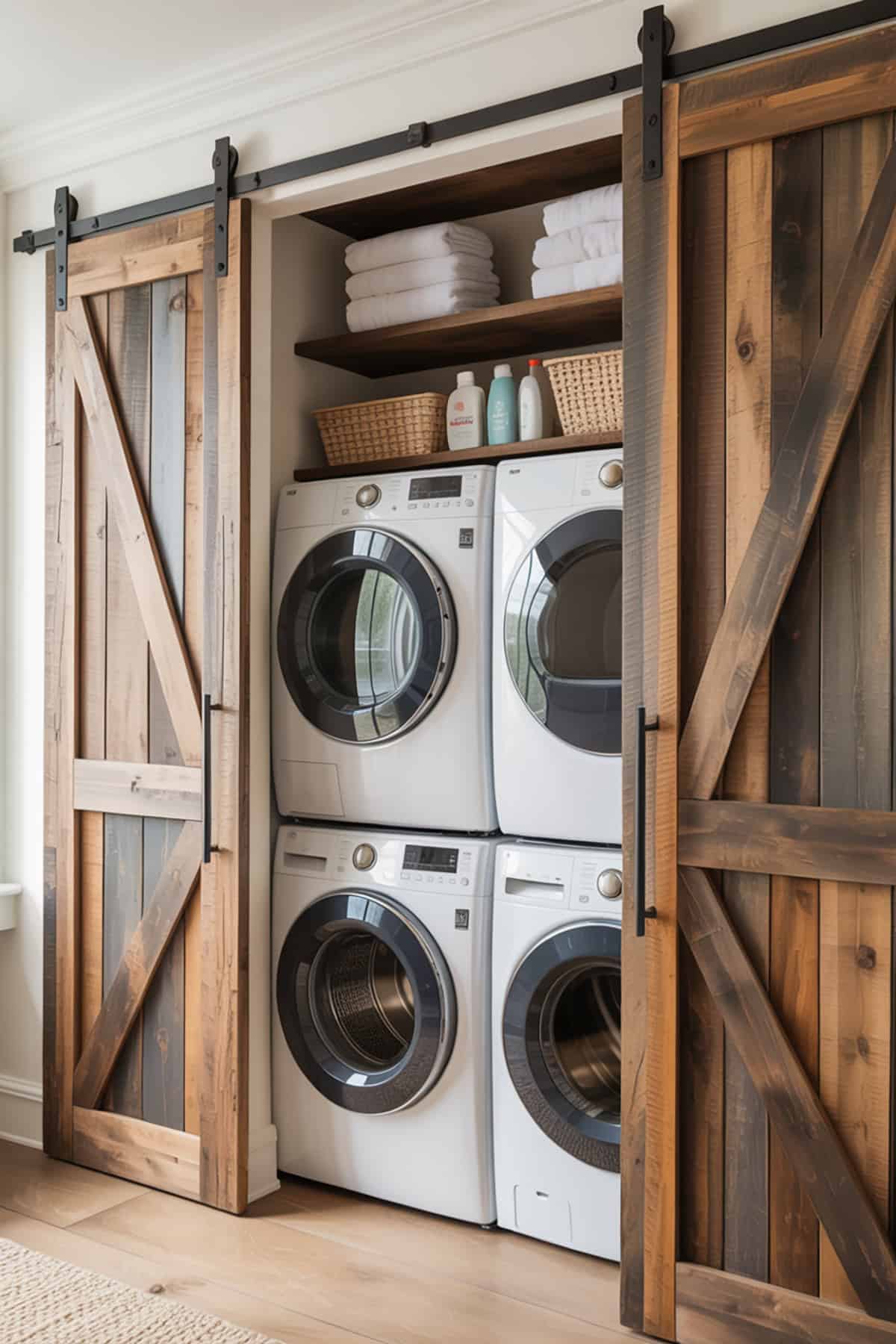 Stacked Washer and Dryer in a Closet with Sliding Barn Doors