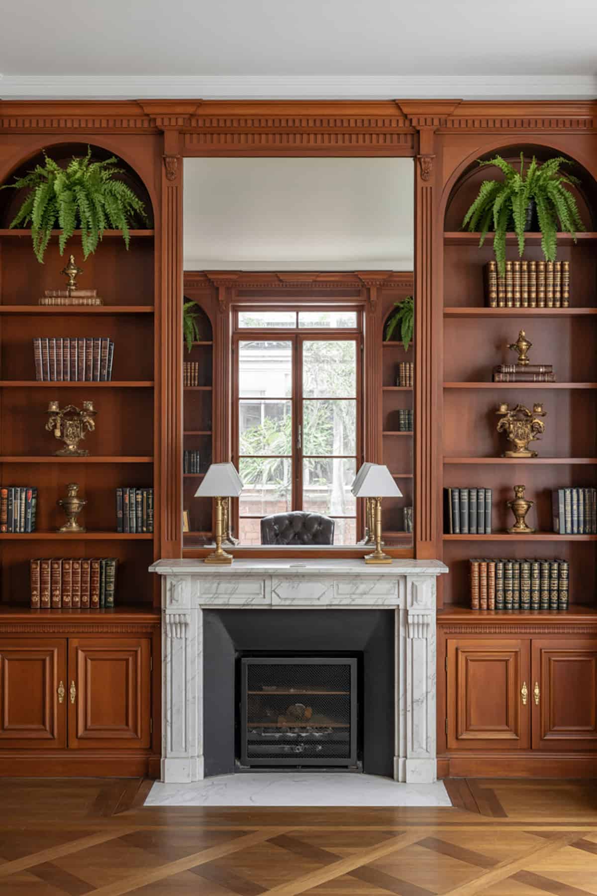 Symmetrical Bookshelves Framing the Fireplace