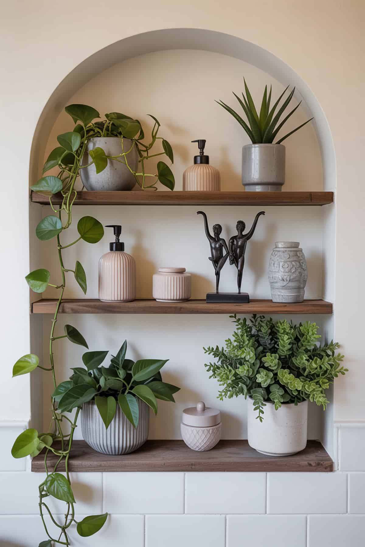 Tiered Shelf with Plants and Sculptures