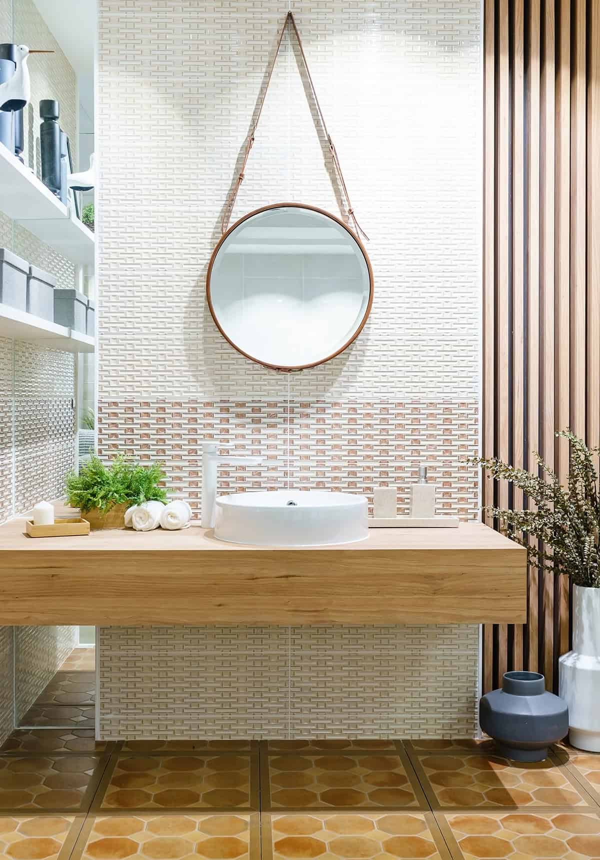 Unexpected Texture with Tiles and Slatted Wood