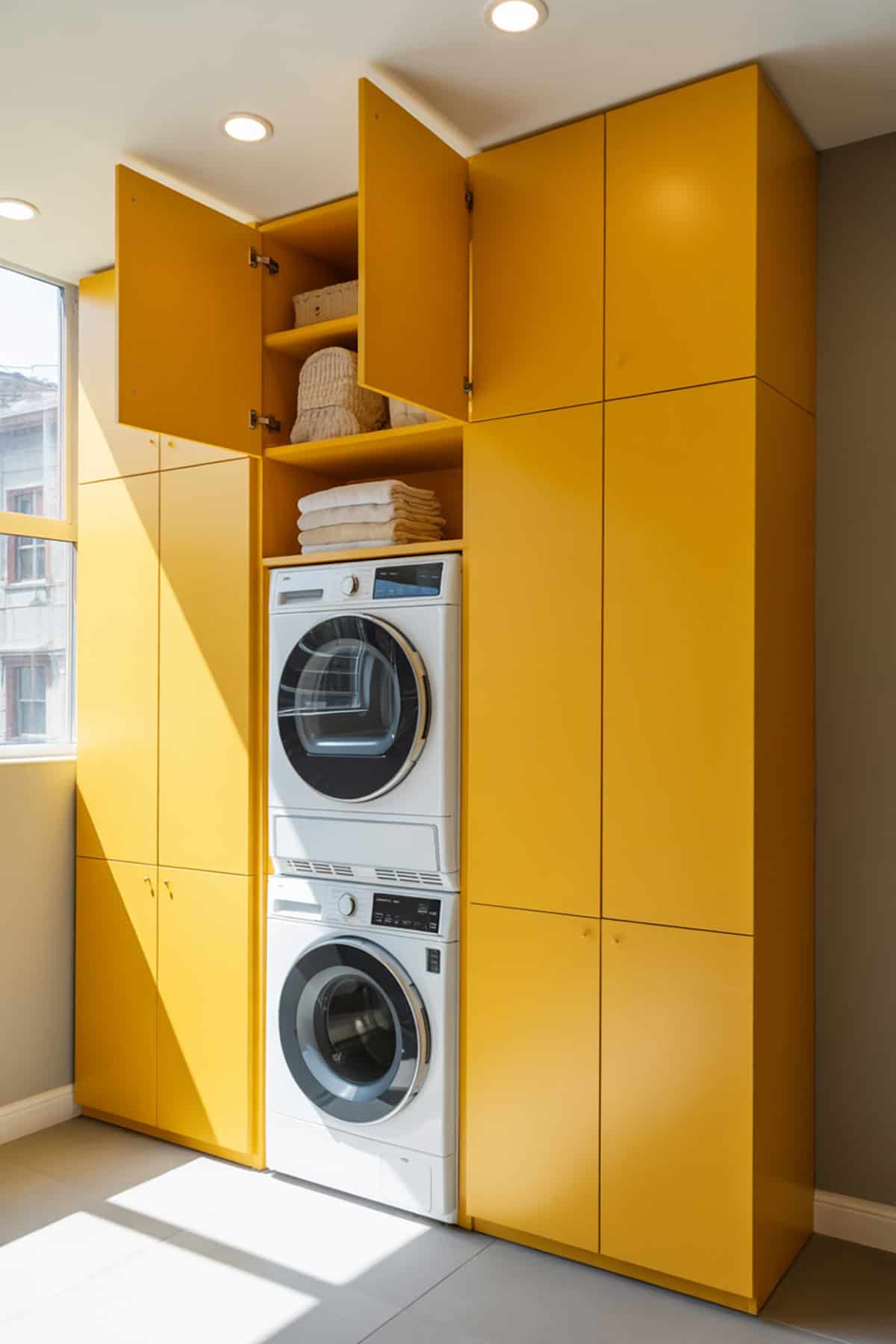 Vertical Laundry Setup with Overhead Cabinetry