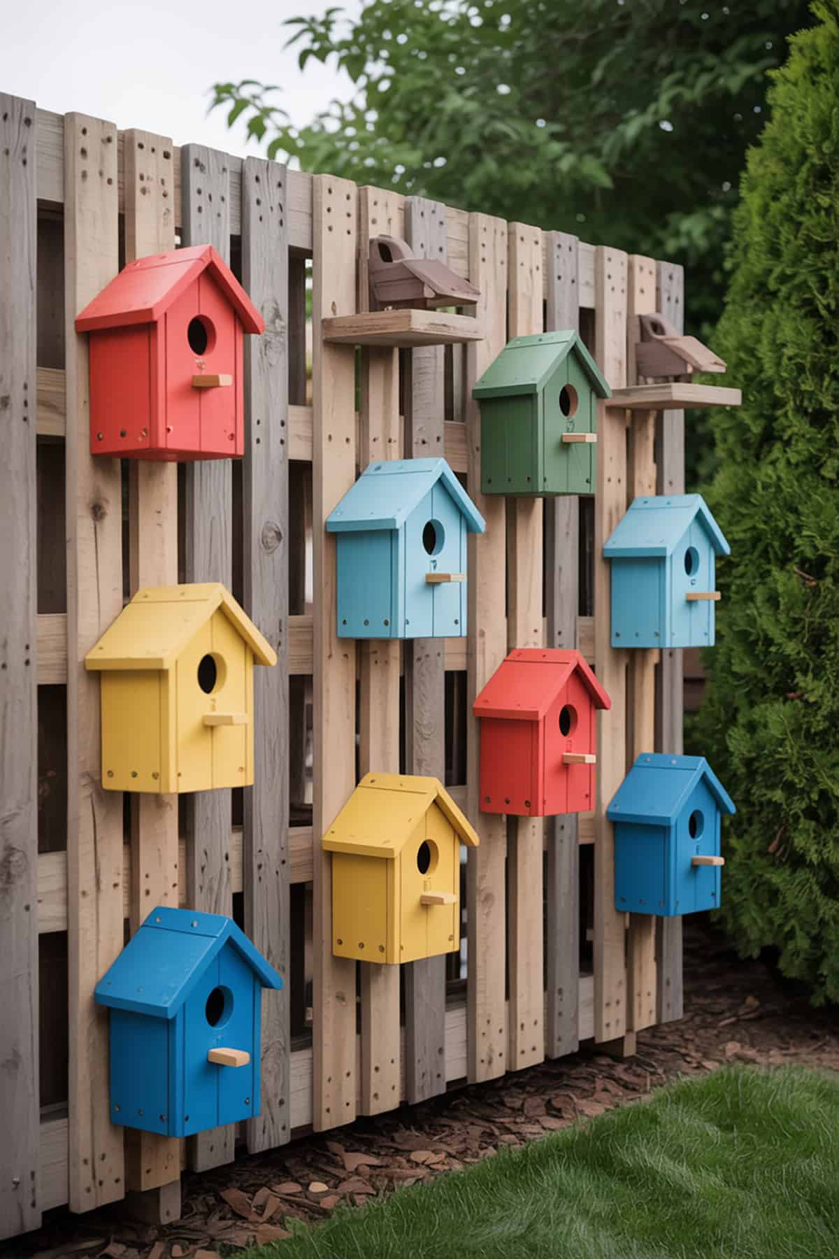 Vertical Pallet Fence With Birdhouse Display