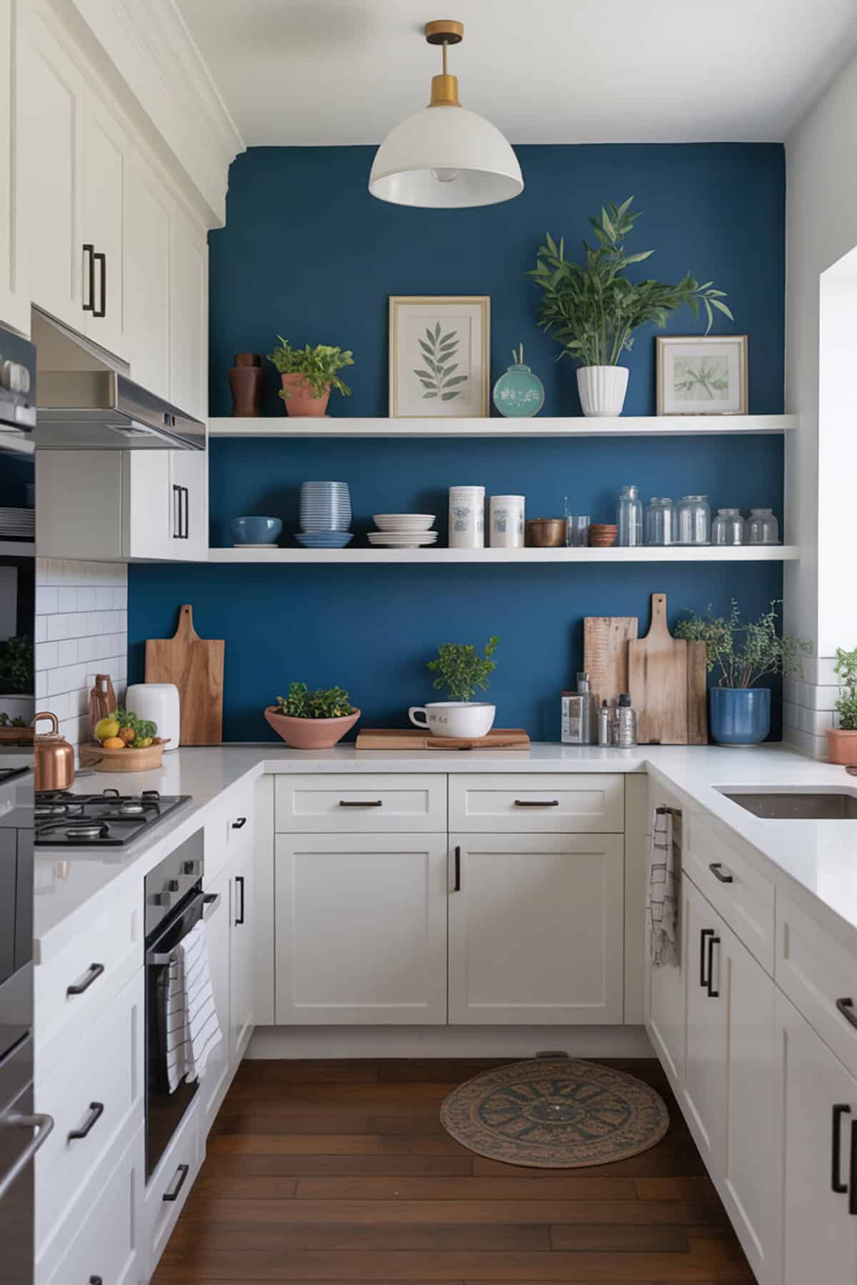 Accent Wall in Deep Blue Behind White Cabinetry