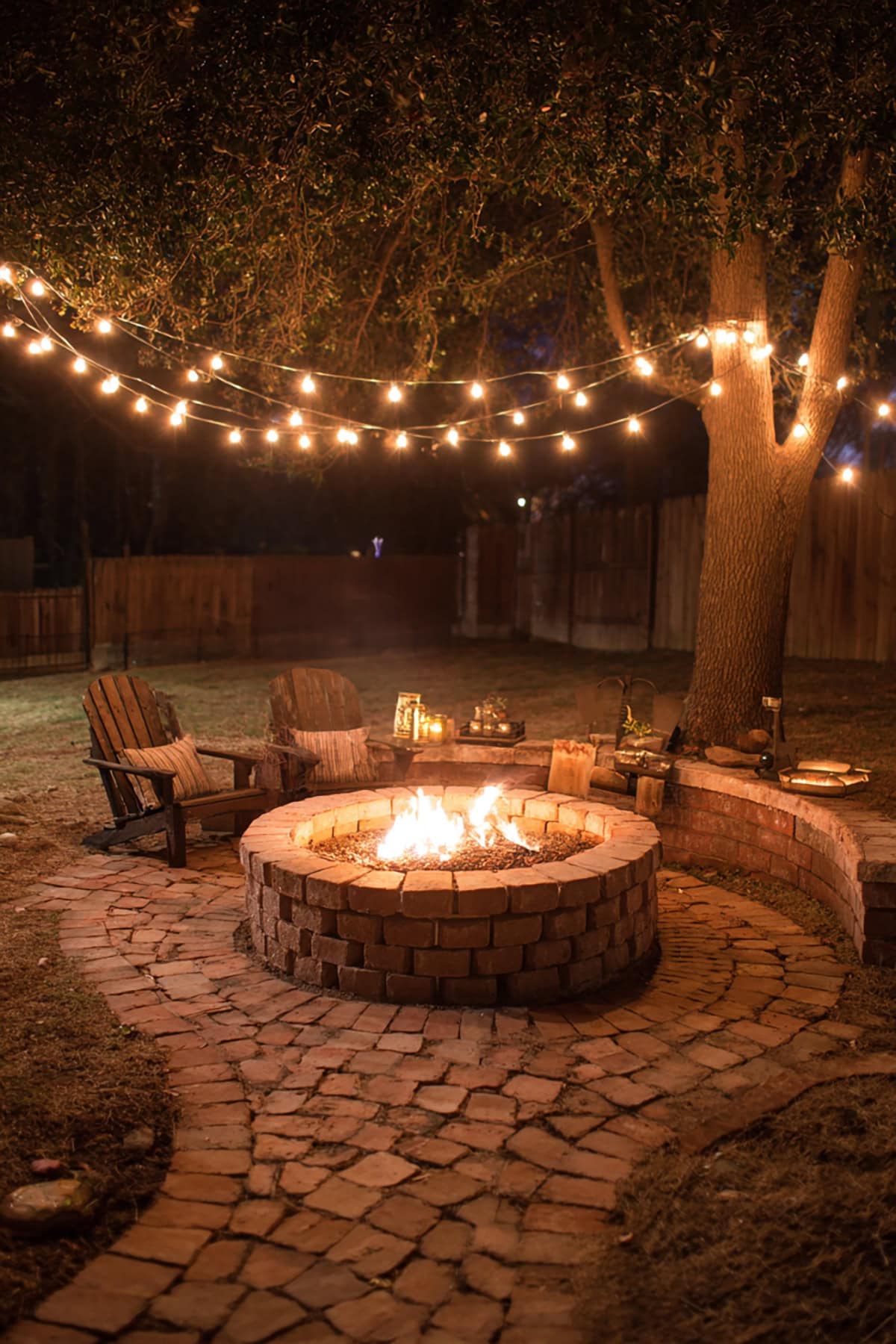 Backyard Fire Pit with Overhead String Lights