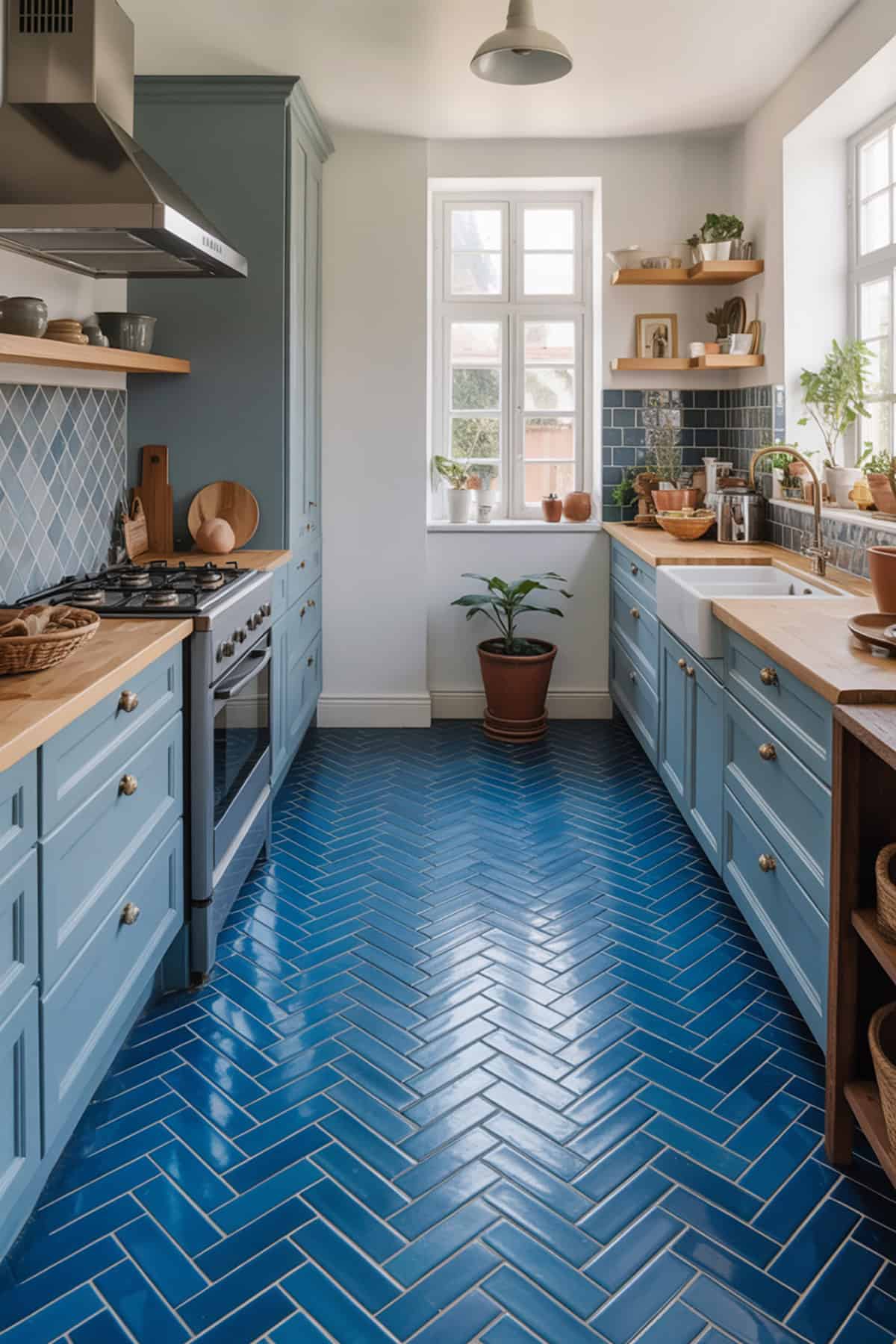Blue Herringbone Tile Floor