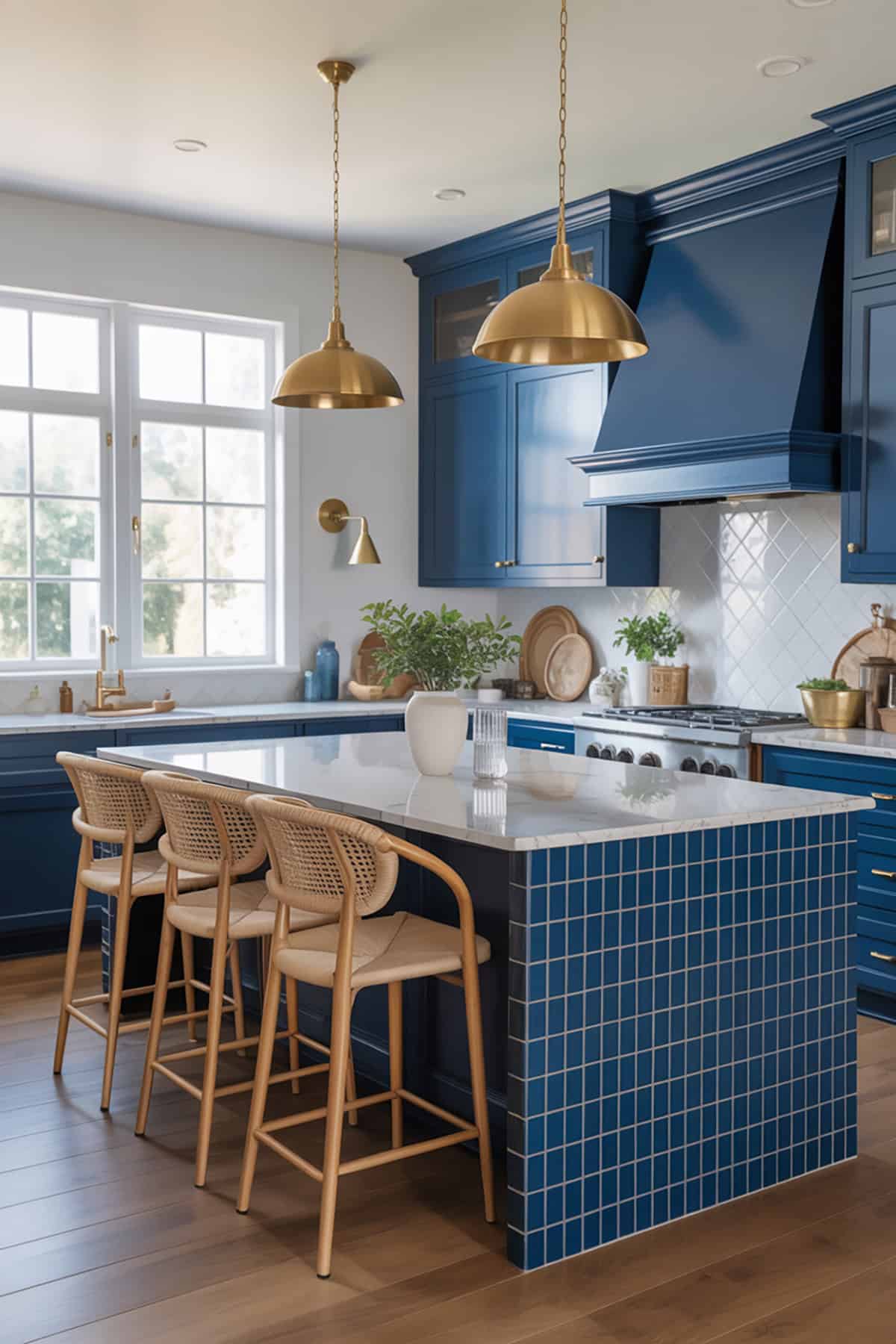 Blue Kitchen with Gold Light Fixtures