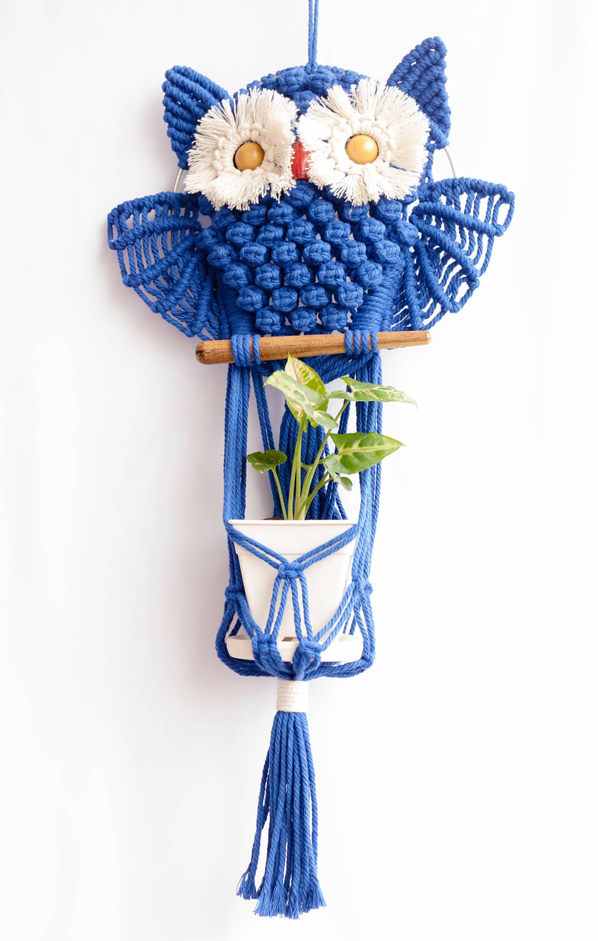 Blue Owl Macrame with Wooden Stick Planter Shelf