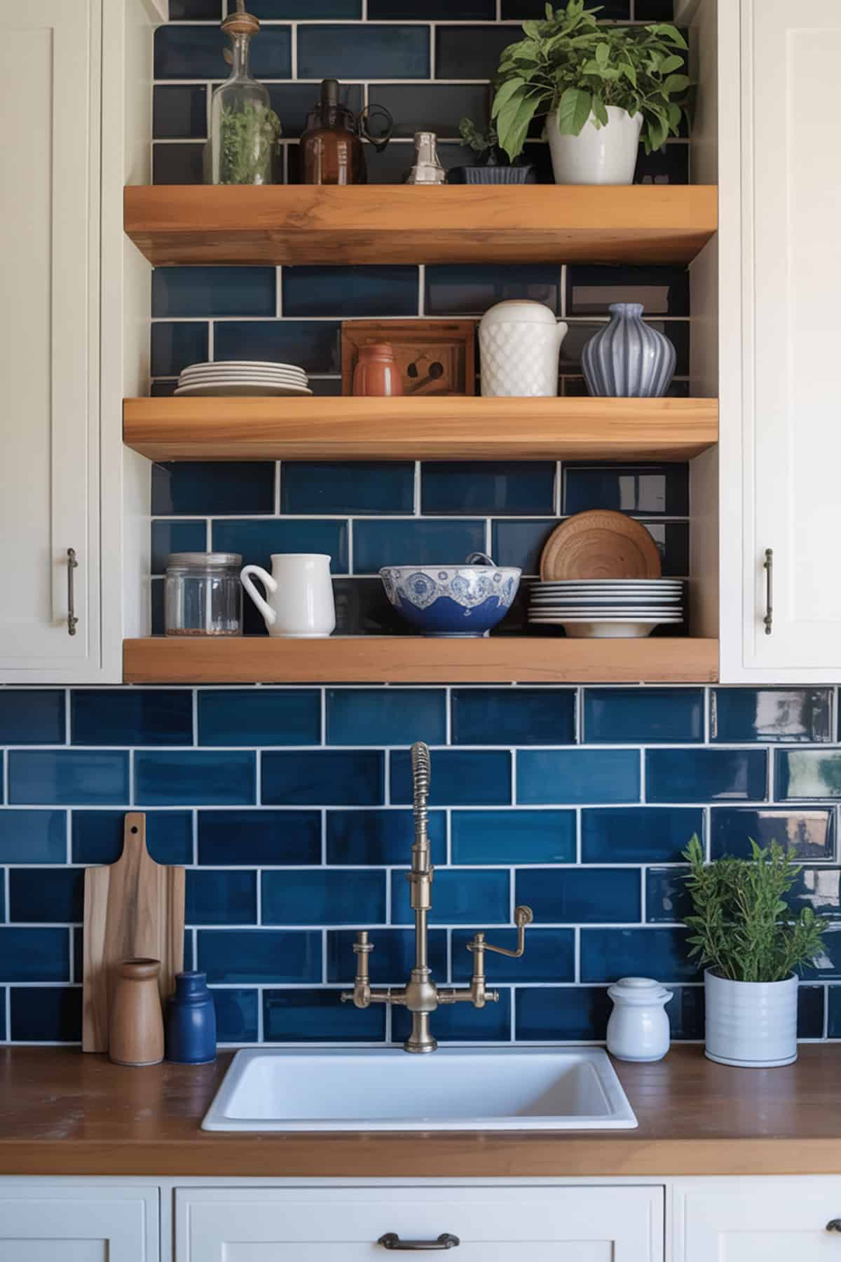 Blue Subway Tile Backsplash with Wooden Shelves
