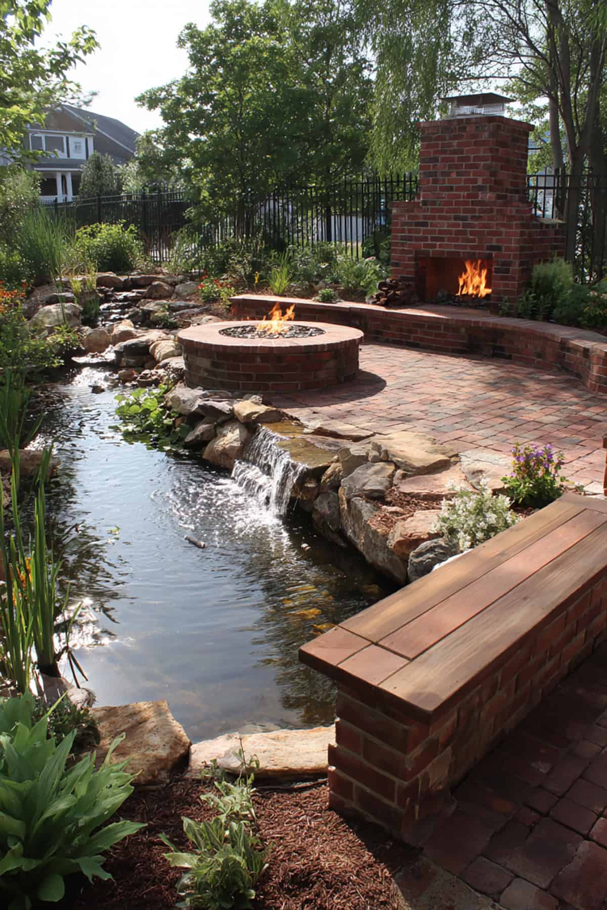 Brick Fire Pit Beside a Garden Stream