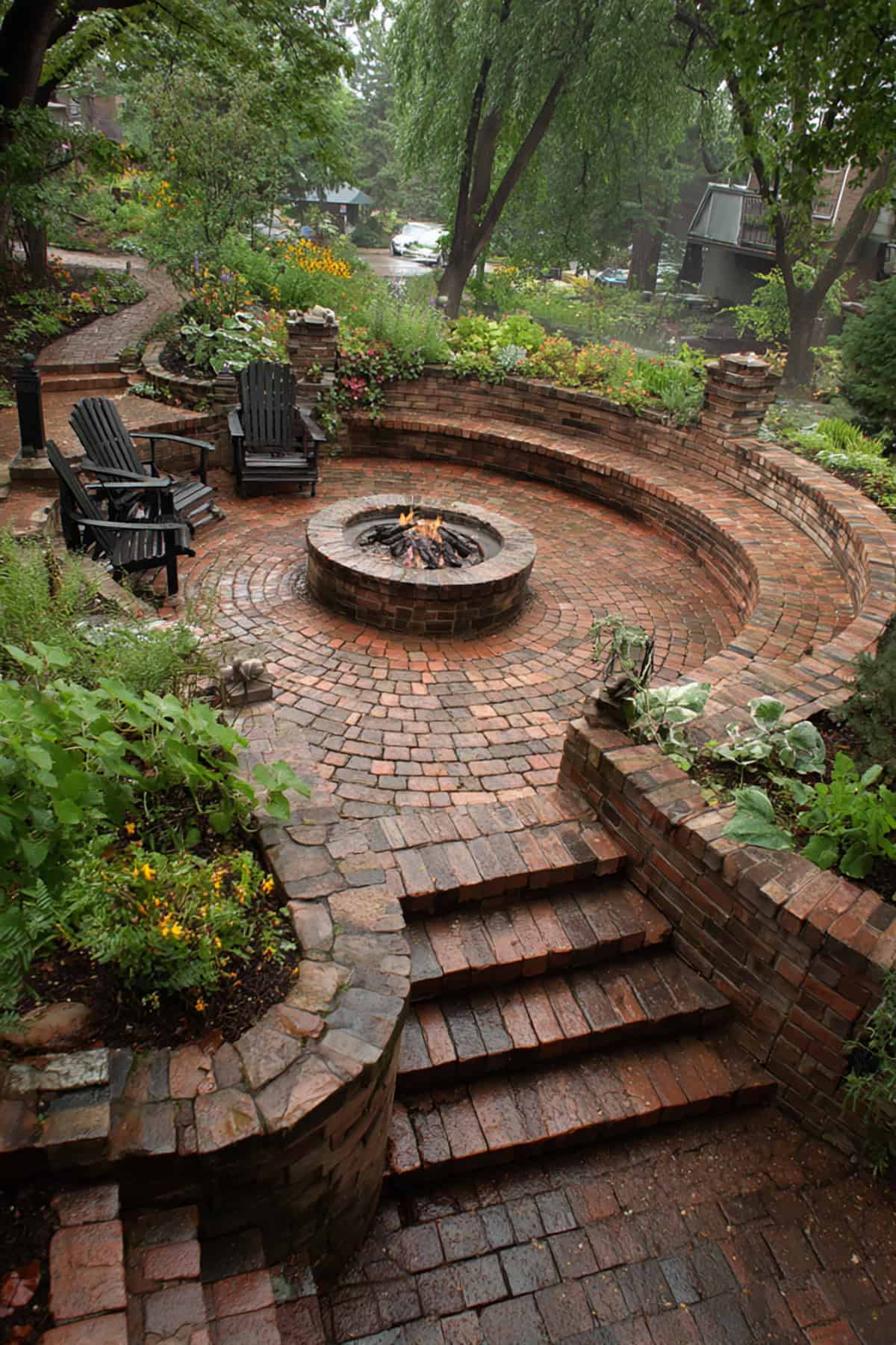 Brick Fire Pit Terrace with Layered Brickwork