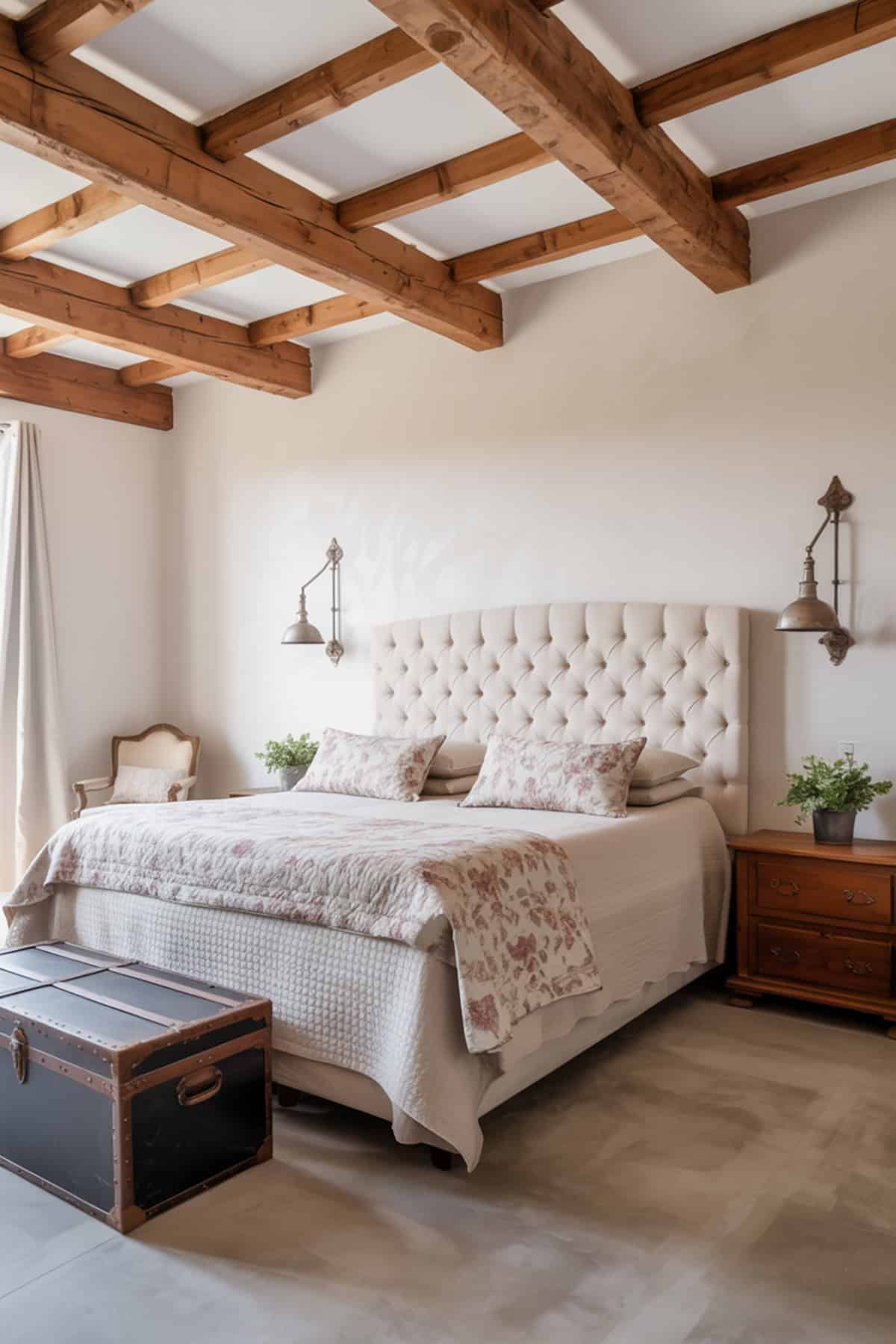 Exposed Wood Ceiling Beams in a Whitewashed Room
