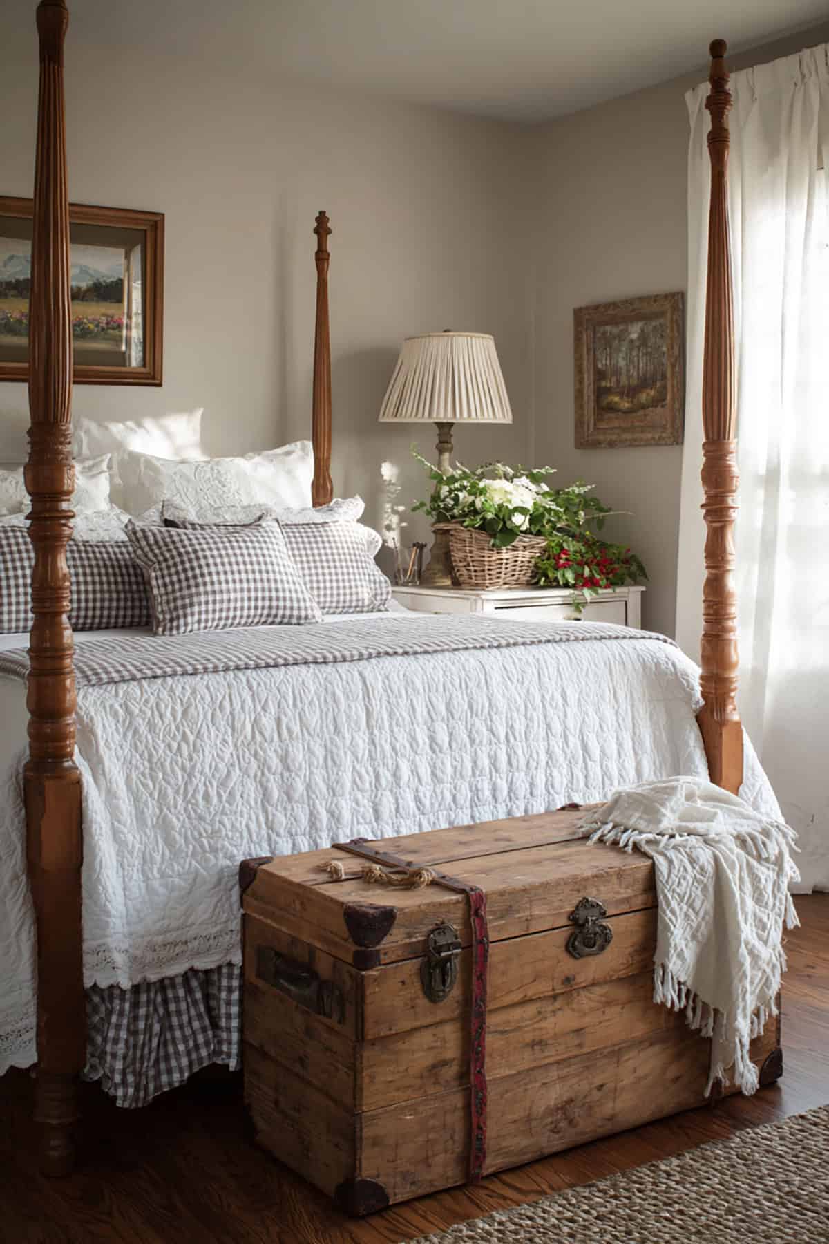 Four Poster Bed with Quilted Coverlet and Gingham Accents