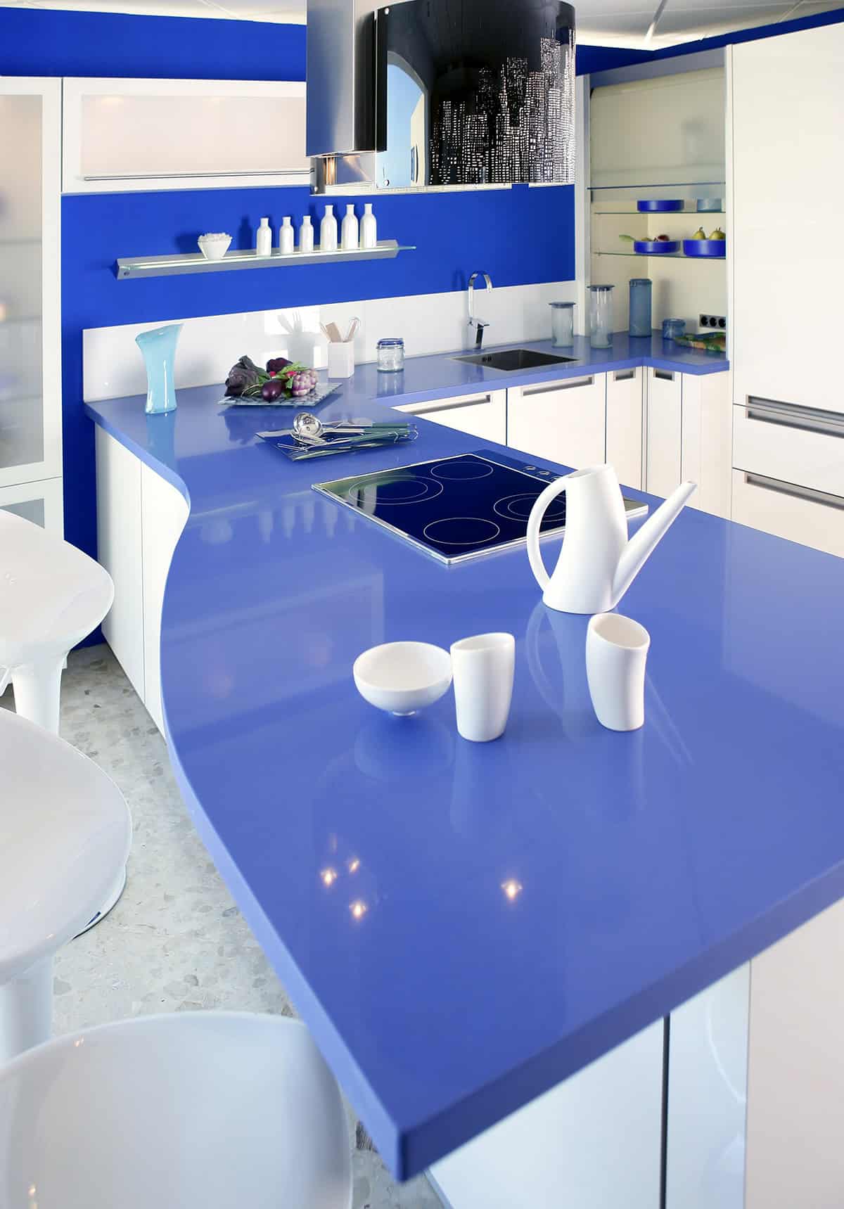 High Gloss Blue and White Kitchen with Curved Island