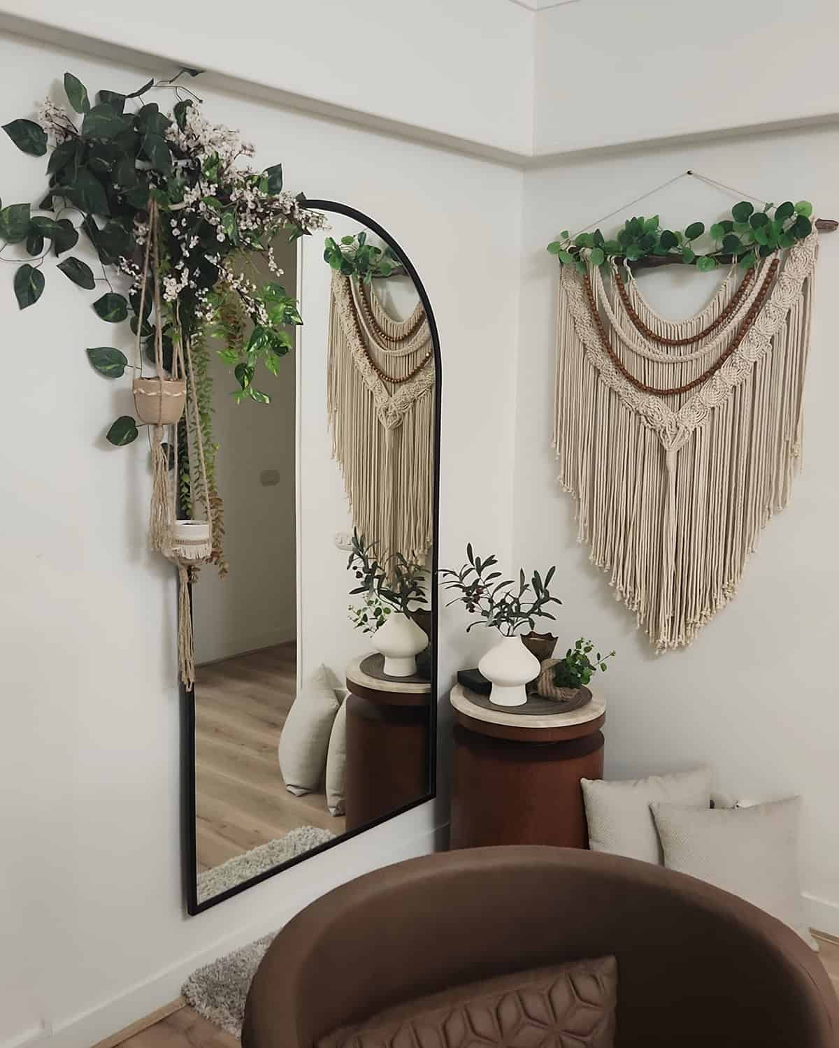 Layered Chevron Macrame with Faux Greenery Accent