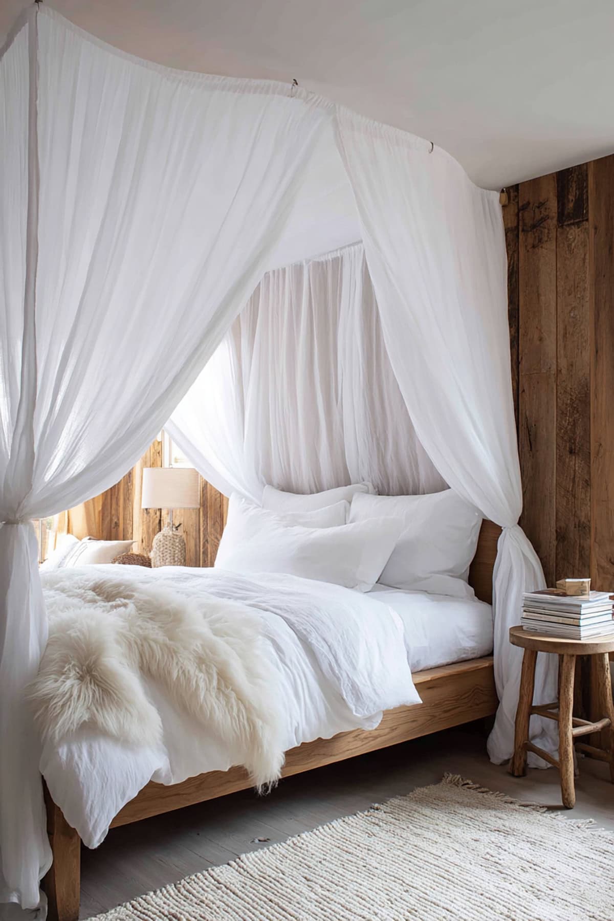 Linen Canopy Over a Wooden Bed Frame
