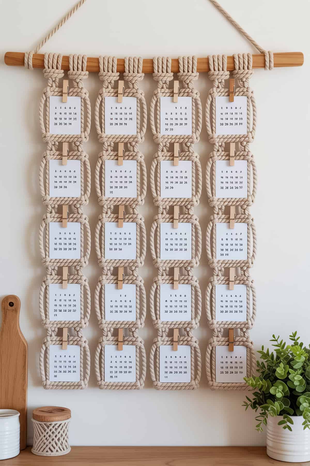 Macrame Calendar Grid with Clothespin Tabs