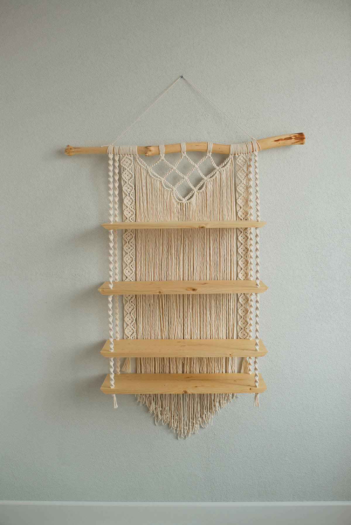 Macrame Shelf Hanging with Wooden Rod Support